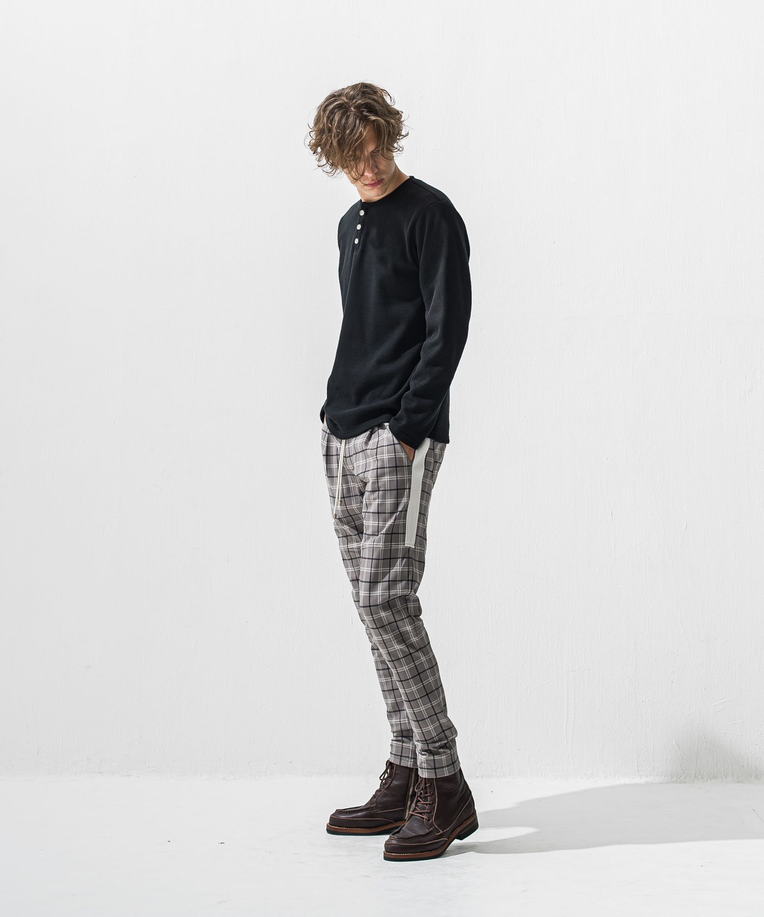 VELOURS FLEECE THERMAL HENRY / 裏起毛 サーマル生地 ロングスリーブ ヘンリーネック (ブラック) (10月下旬入荷予定) ※オーダー締切:9月7日(月)17時