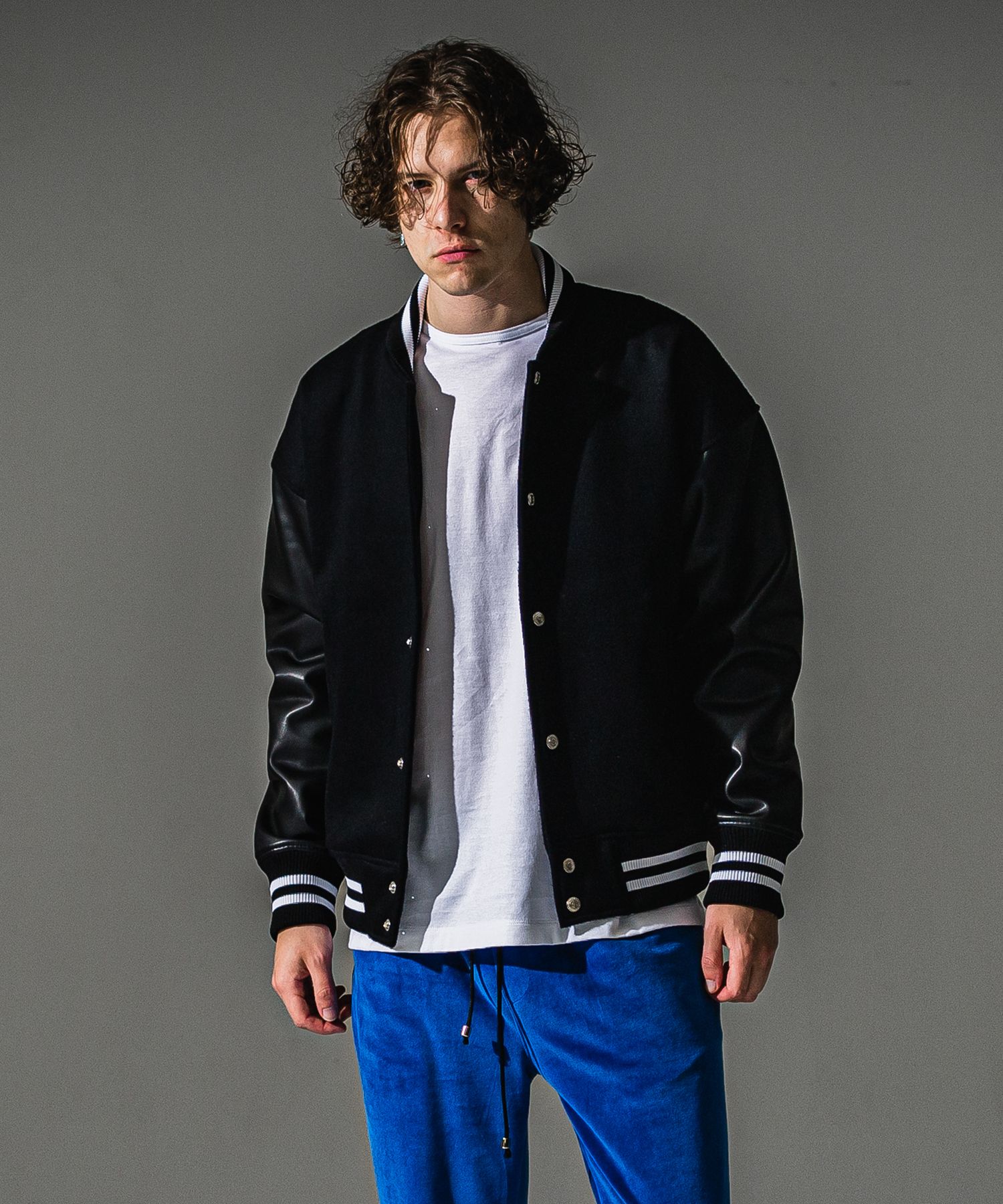 Varsity jacket / ウール100% エコレザースリーブ スタジャン (ブラック) (10月末入荷予定) ※オーダー締切:5月23日(土)17時