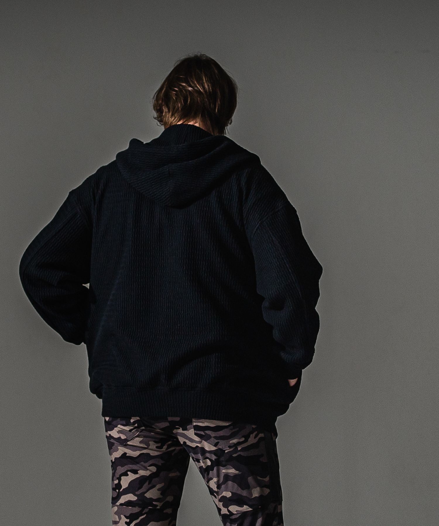 KNT Varsity hoodie / ニット素材 フード付きスタジャン (ブラック) (8月末入荷予定) ※オーダー締切:5月23日(土)17時