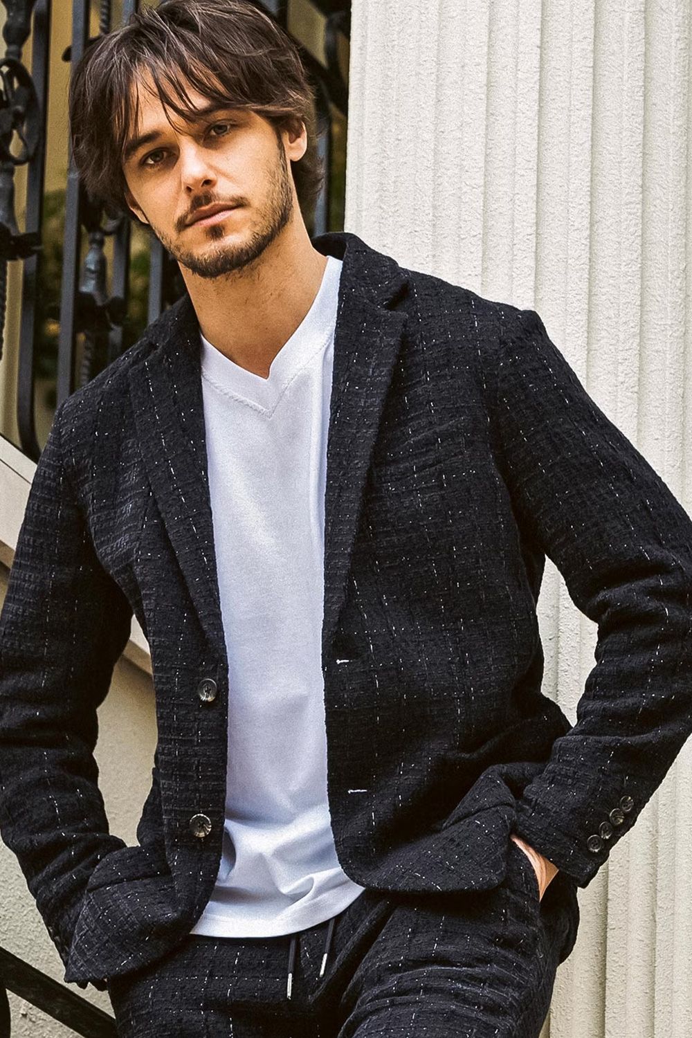 【26AW】【セットアップ】 LAME SQUARE JACQUARD JACKET & SLACKS / ファンシーツイード テーラードシングルジャケット&イージースラックス (ネイビー)