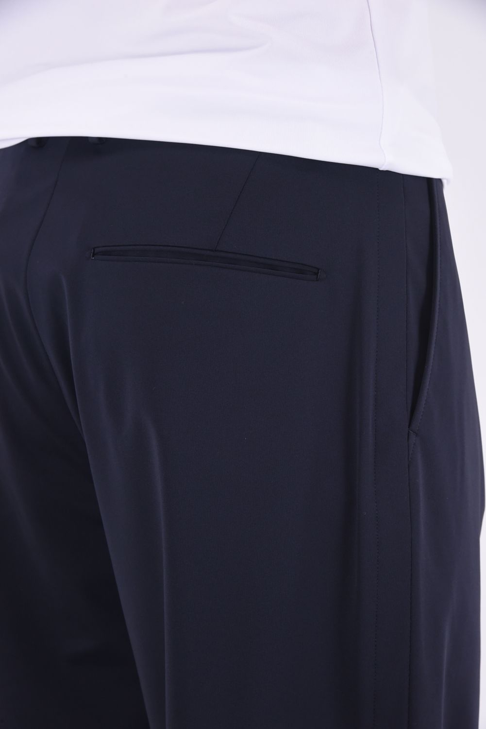 1OUT-PLEATS PANTS - STRETCH JERSEY / ポリエステルジャージー 1アウトプリーツ スラックス ネイビー