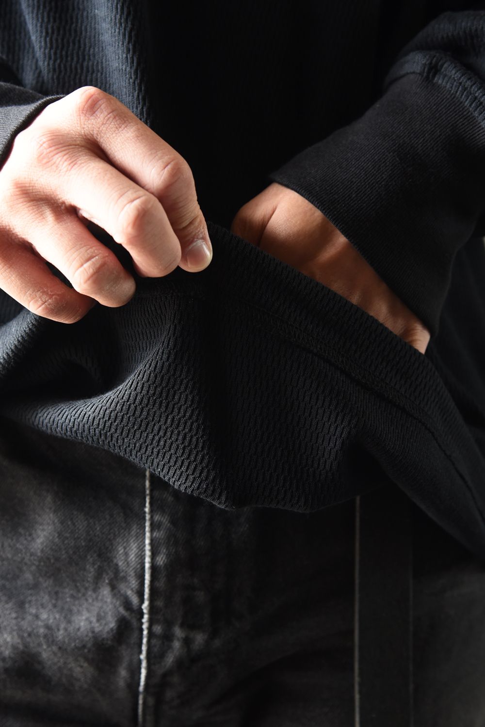 【gossip 20th別注アイテム】 DRAWSTRING THERMAL LOOSE CUTSEW / ドローストリング 特注サーマル ロングスリーブTシャツ  (ブラック)
