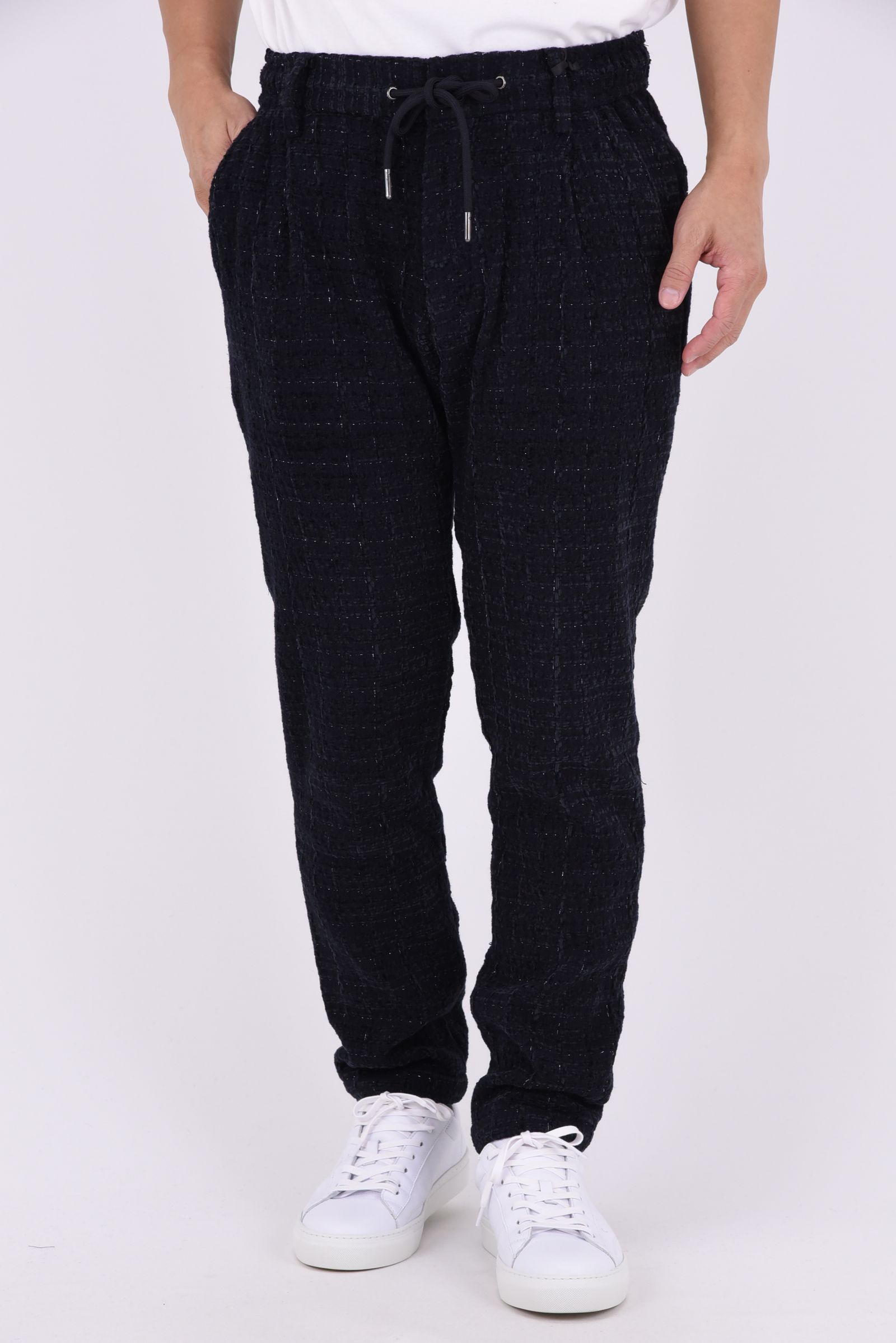 【26AW】【セットアップ】 LAME SQUARE JACQUARD JACKET & SLACKS / ファンシーツイード テーラードシングルジャケット&イージースラックス (ネイビー)