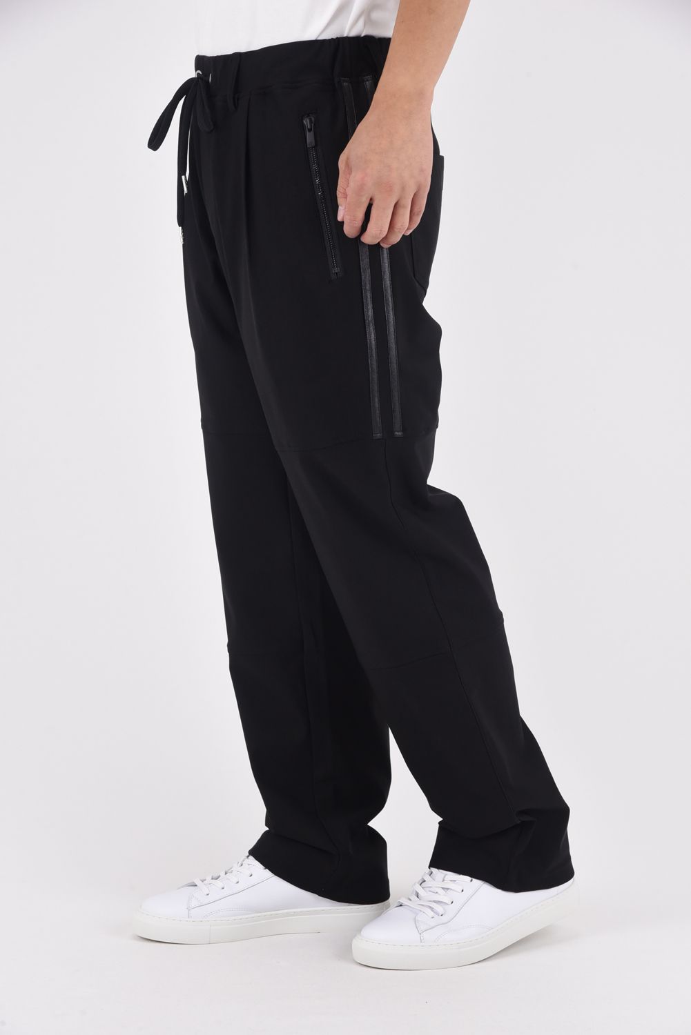 JOHNSON LINE WIDE HEAT PT / 裏起毛 ハイブリットジャージー ワイドテーパード ラインパンツ (ブラック/ブラック)