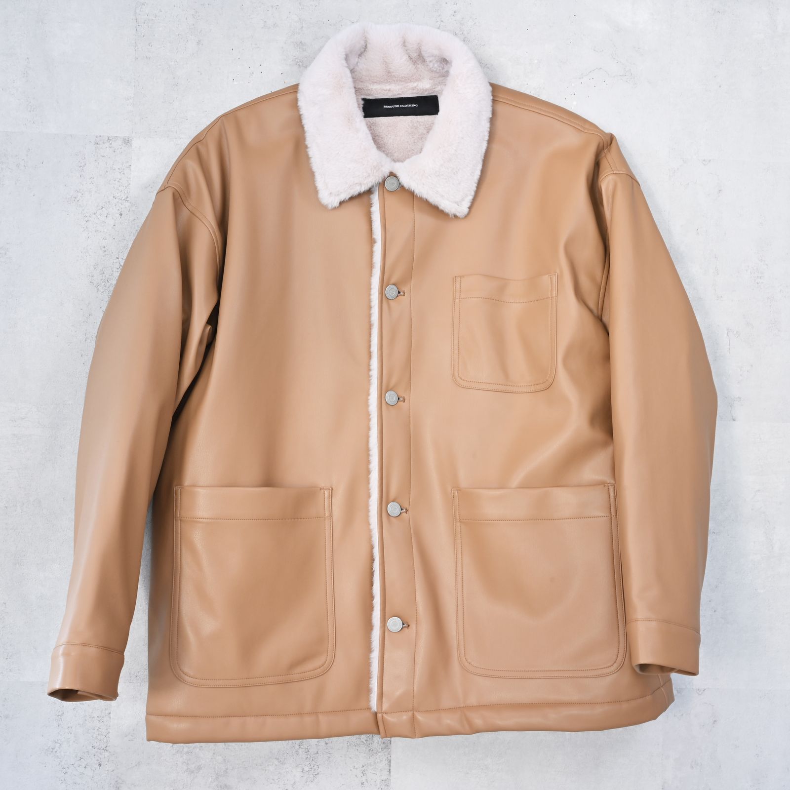LEATHER FUR CAVER ALL / エコレザー オーバーサイズ カーバーオールジャケット (ベージュ) (11月中旬入荷予定) ※オーダー締切:9月7日(月)17時