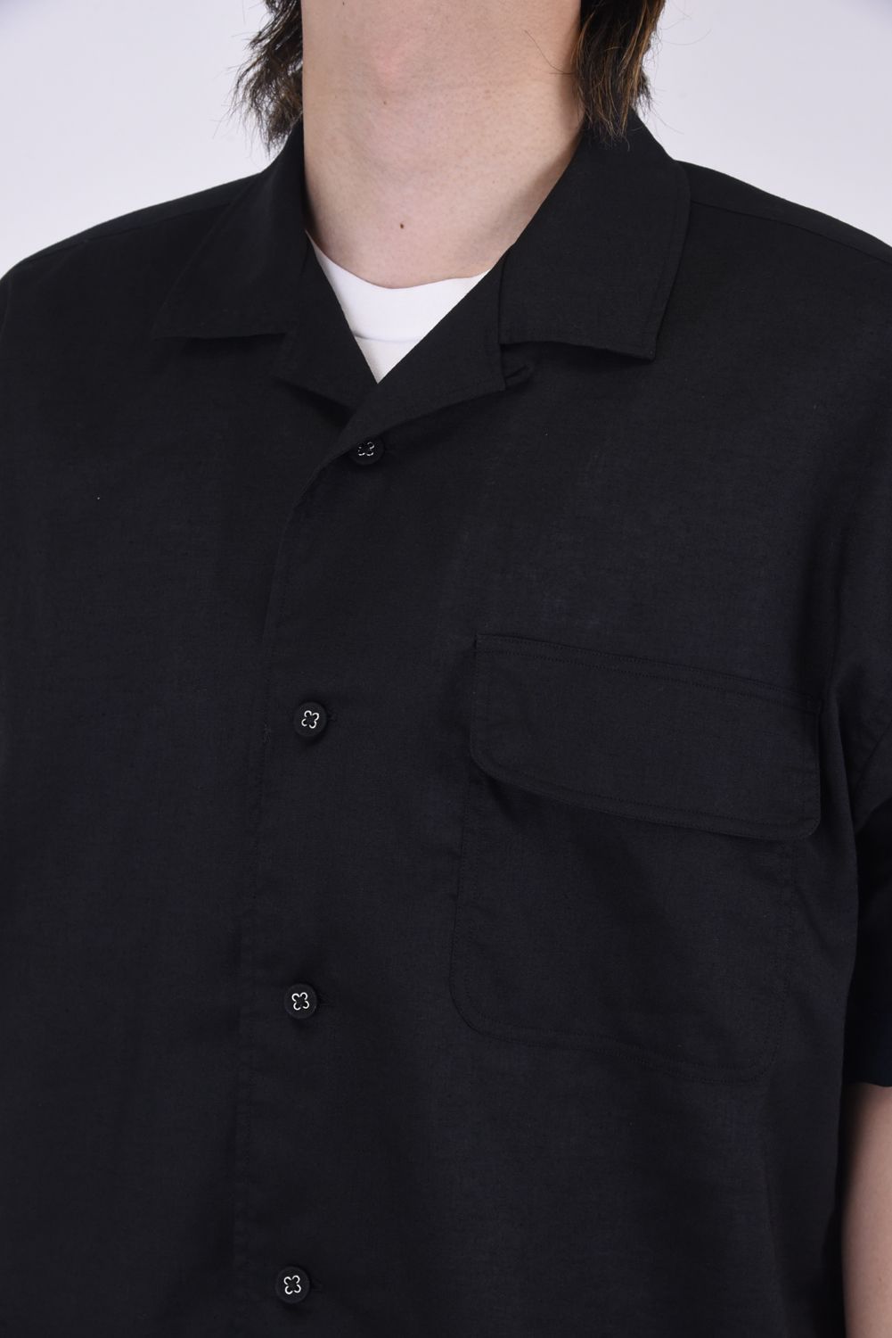 LAYERED HALF SLEEVES OPEN COLLAR SHIRT / レイヤード オープンカラー 半袖 シャツ ブラック