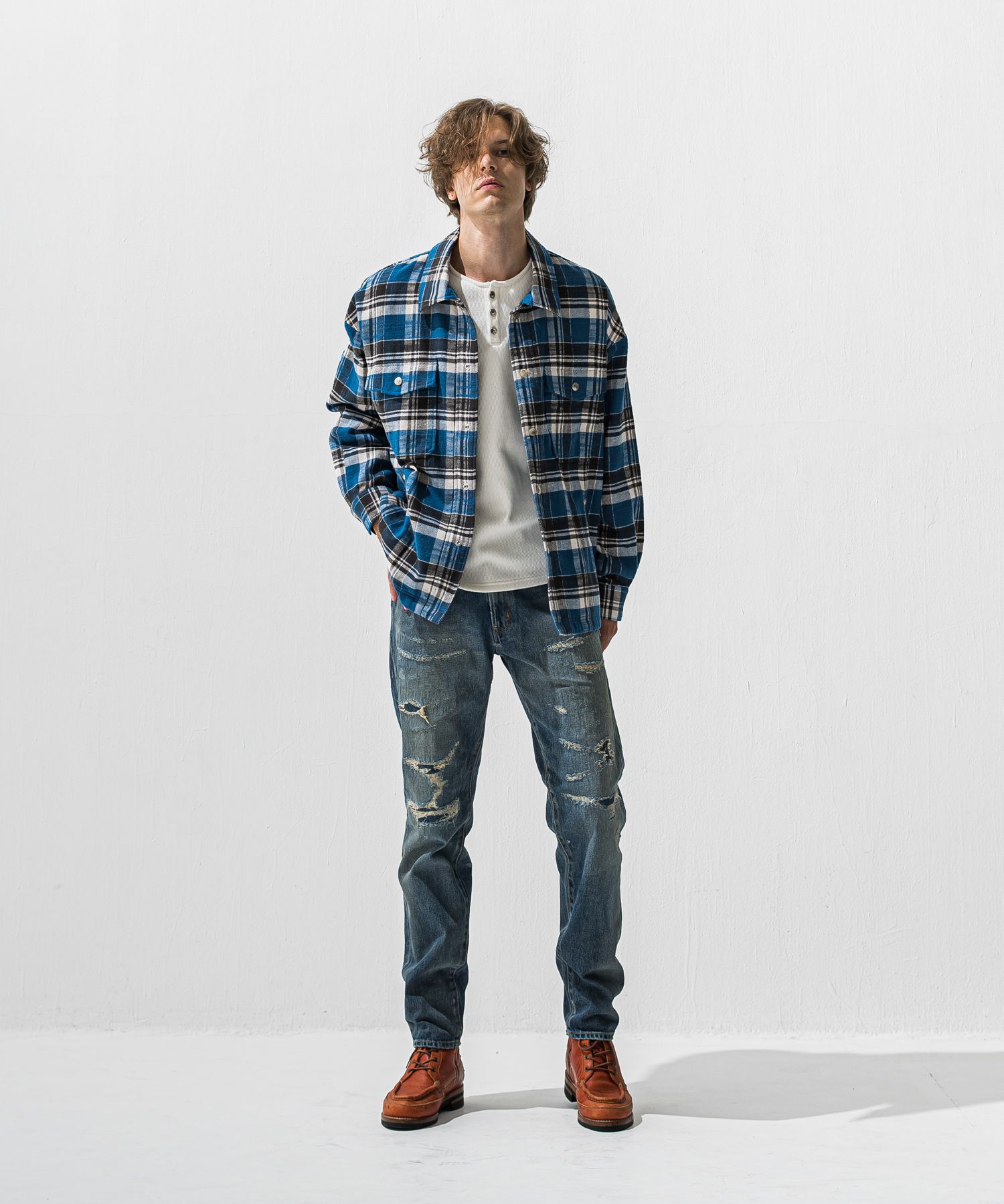VELOURS FLEECE THERMAL HENRY / 裏起毛 サーマル生地 ロングスリーブ ヘンリーネック (ホワイト) (10月下旬入荷予定) ※オーダー締切:9月7日(月)17時