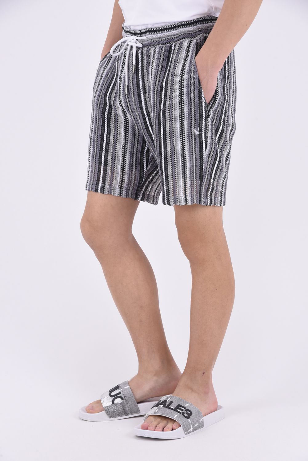 GAP KNIT STRIPED HALF PANTS  / 透かし編み ストライプ ニットショーツ グレー