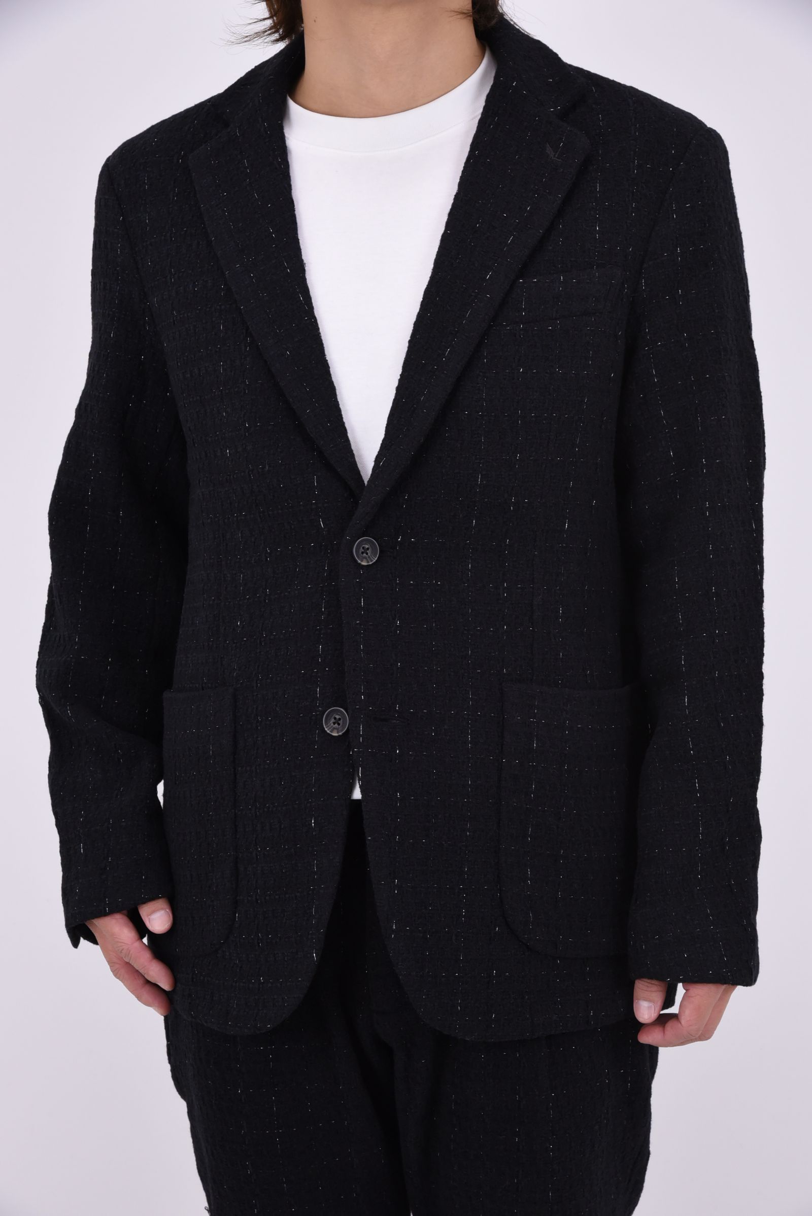 【26AW】【セットアップ】 LAME SQUARE JACQUARD JACKET & SLACKS / ファンシーツイード テーラードシングルジャケット&イージースラックス (ブラック)