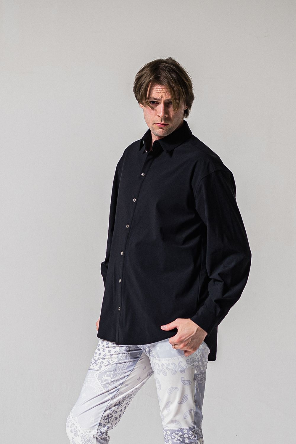 NYLON JACK SHIRTS / 高機能ナイロンマイクロファイバー Aラインシルエット ジャックシャツ (ブラック)