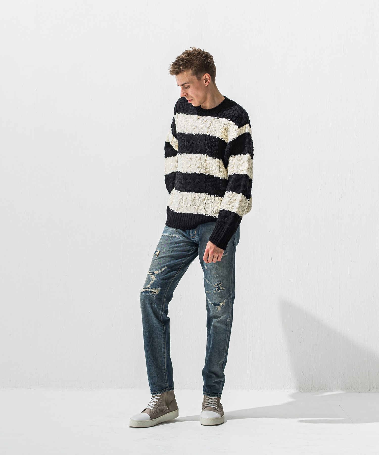 CABLE LAW SWEATER / ケーブル編み ローゲージセーター (ブラック/ホワイト) (10月下旬入荷予定) ※オーダー締切:9月7日(月)17時