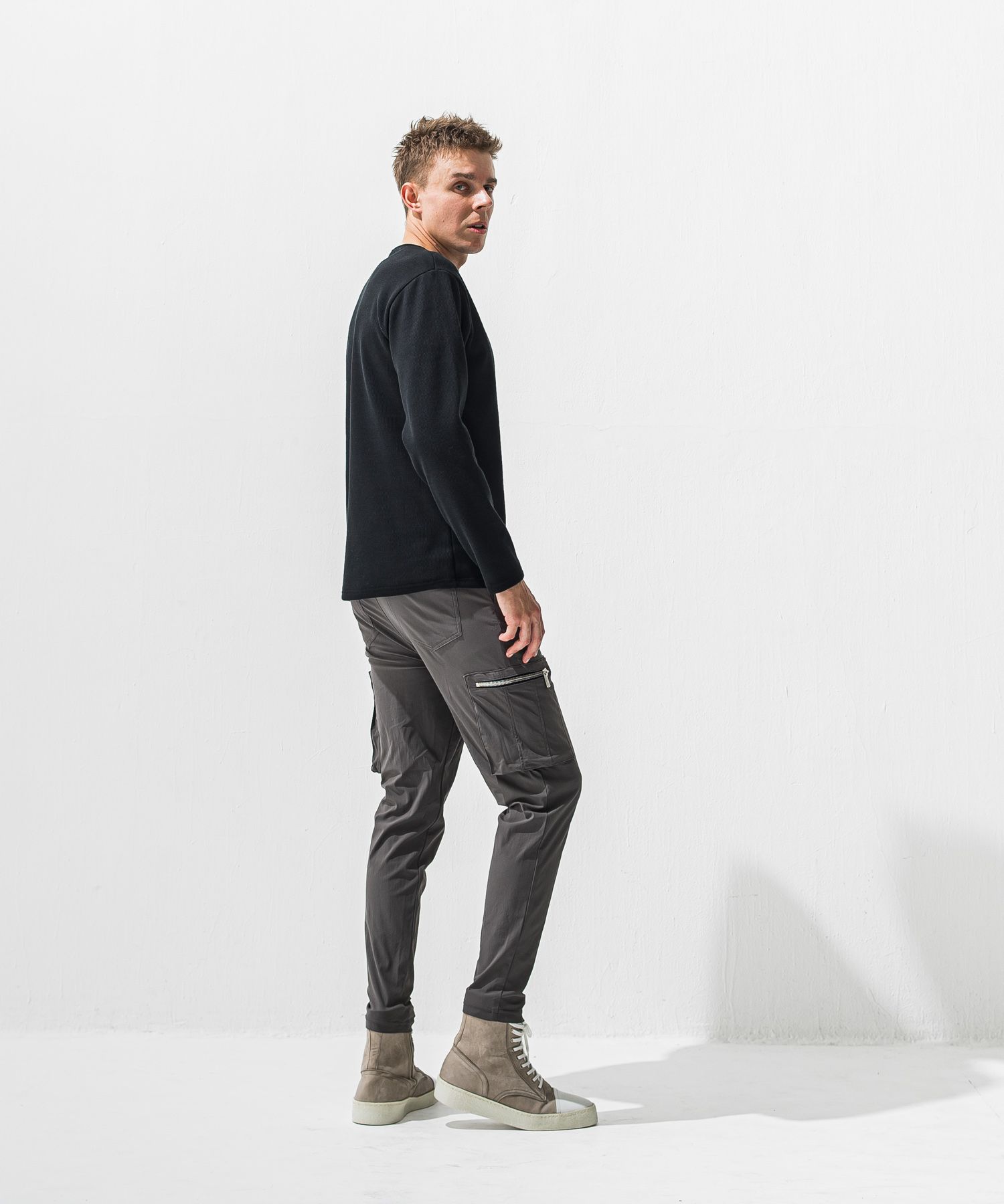 VELOURS FLEECE THERMAL HENRY / 裏起毛 サーマル生地 ロングスリーブ ヘンリーネック (ブラック) (10月下旬入荷予定) ※オーダー締切:9月7日(月)17時