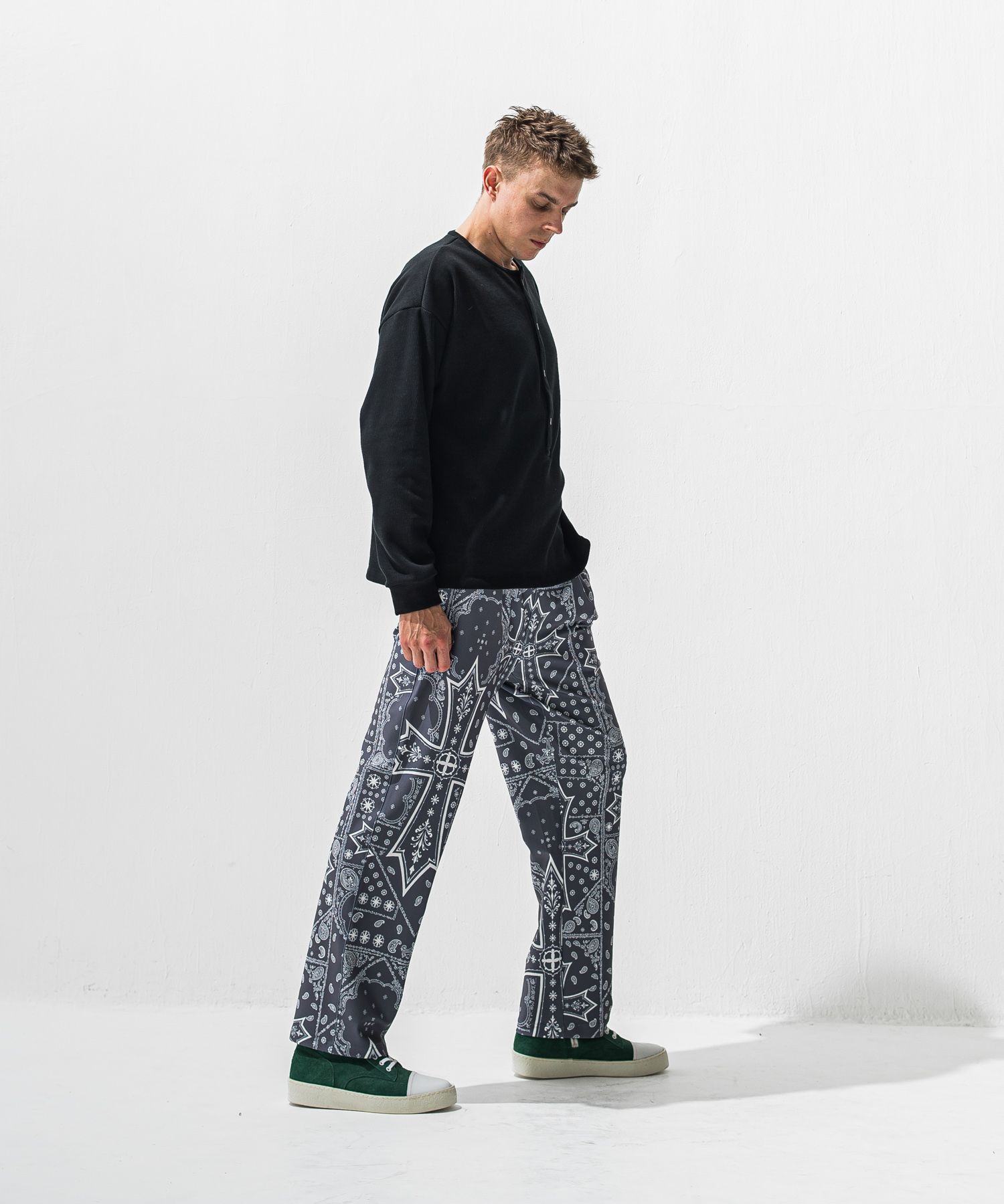 OVER HENRY VELOURS FLEECE THERMAL / 裏起毛 オーバーサイズ サーマル生地 ロングスリーブ ヘンリーネック (ブラック) (10月下旬入荷予定) ※オーダー締切:9月7日(月)17時