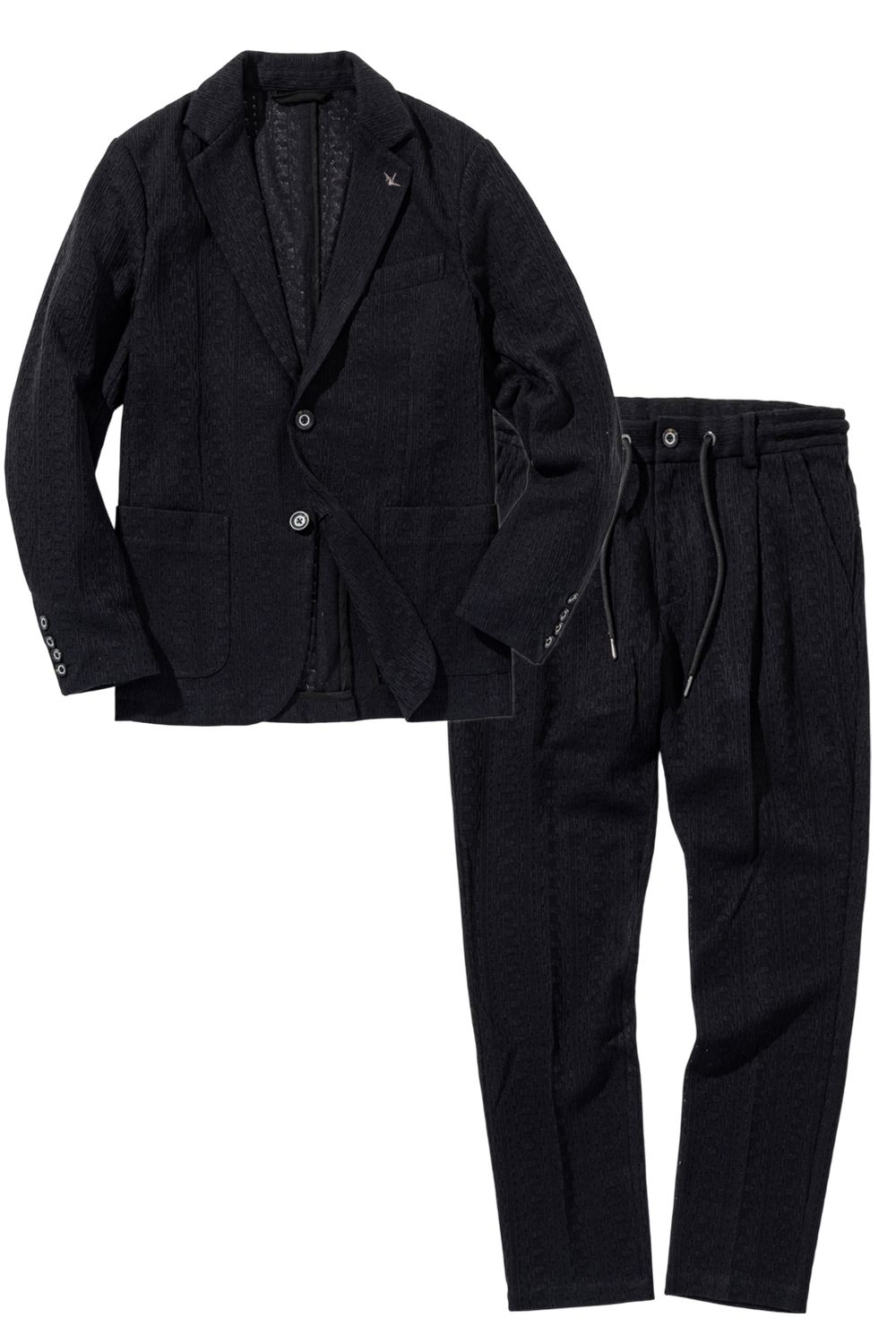 【26SS】【セットアップ】 LINEN TOUCH JACQUARD JACKET & SLACKS / リネンタッチ テーラードシングルジャケット&イージースラックス (ブラック) (2月中旬入荷予定)