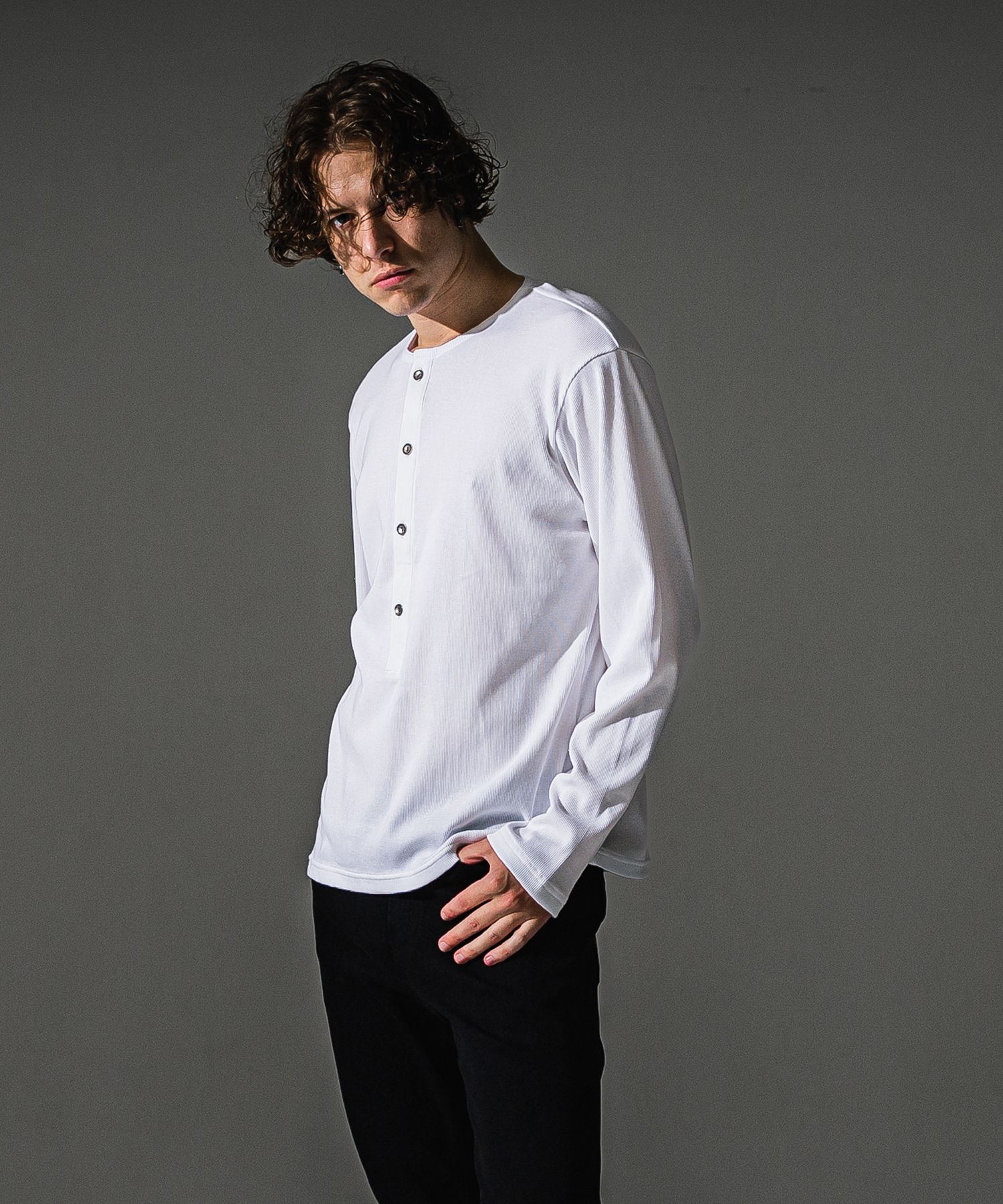 RIB HENRY LONGSLEAVE / ヘンリーネック リブニットロングスリーブTシャツ (ホワイト) (7月中旬入荷予定) ※オーダー締切:5月23日(土)17時