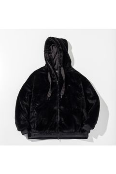 FUR BLOUSON WITH LOGO ON THE HEM / リブ フーデッドファーブルゾン (ブラック) (9月上旬入荷予定)