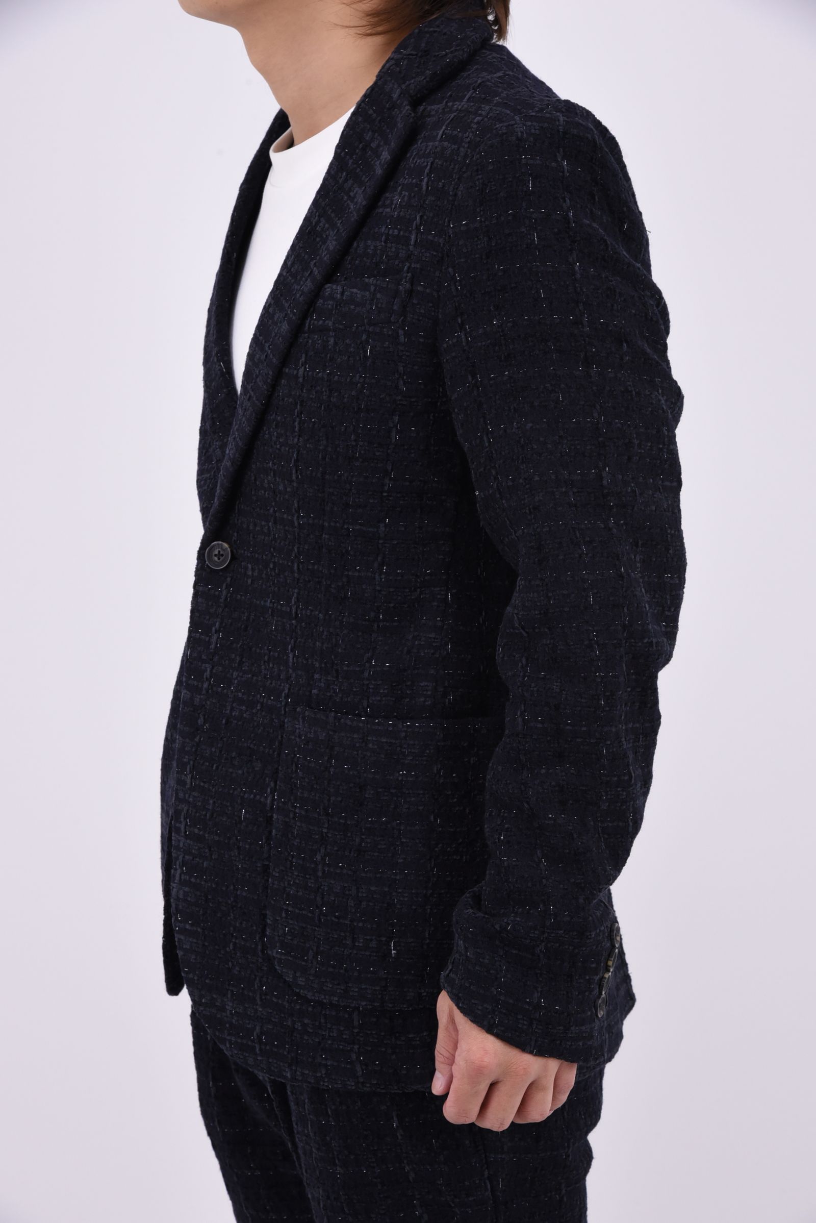 【26AW】【セットアップ】 LAME SQUARE JACQUARD JACKET & SLACKS / ファンシーツイード テーラードシングルジャケット&イージースラックス (ネイビー)