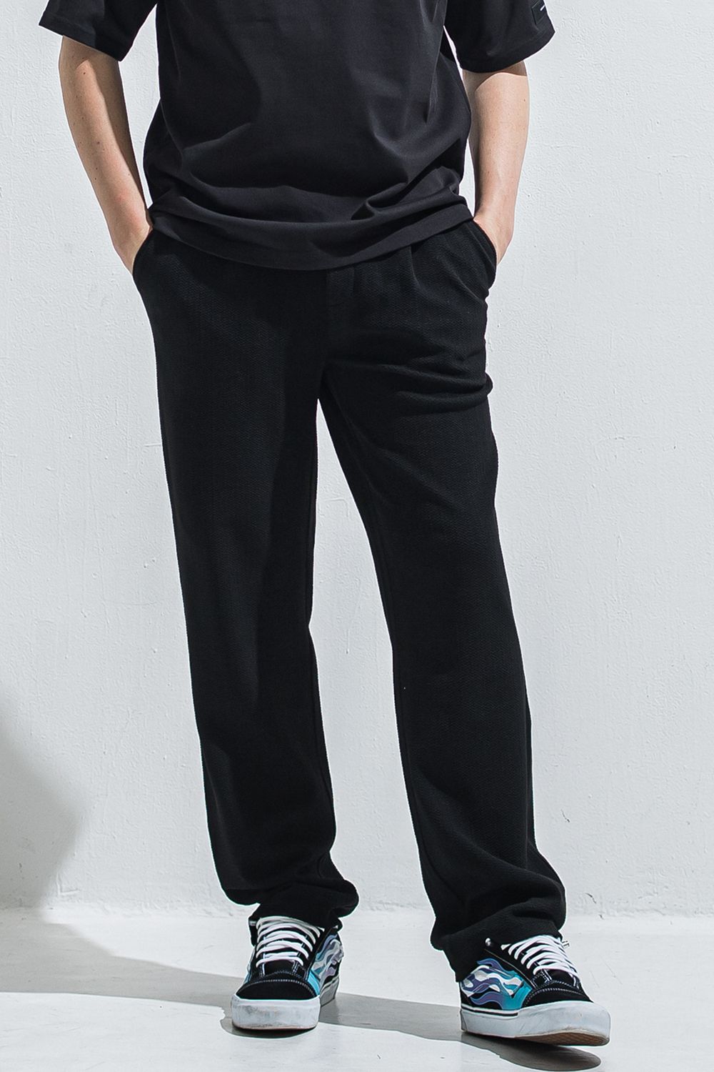 SEMI WIDE TUCK PANTS / ブリスターニット セミワイド ワンタックイージーパンツ (ブラック) (4月中旬入荷予定) ※オーダー締切:2月15日(日)18時