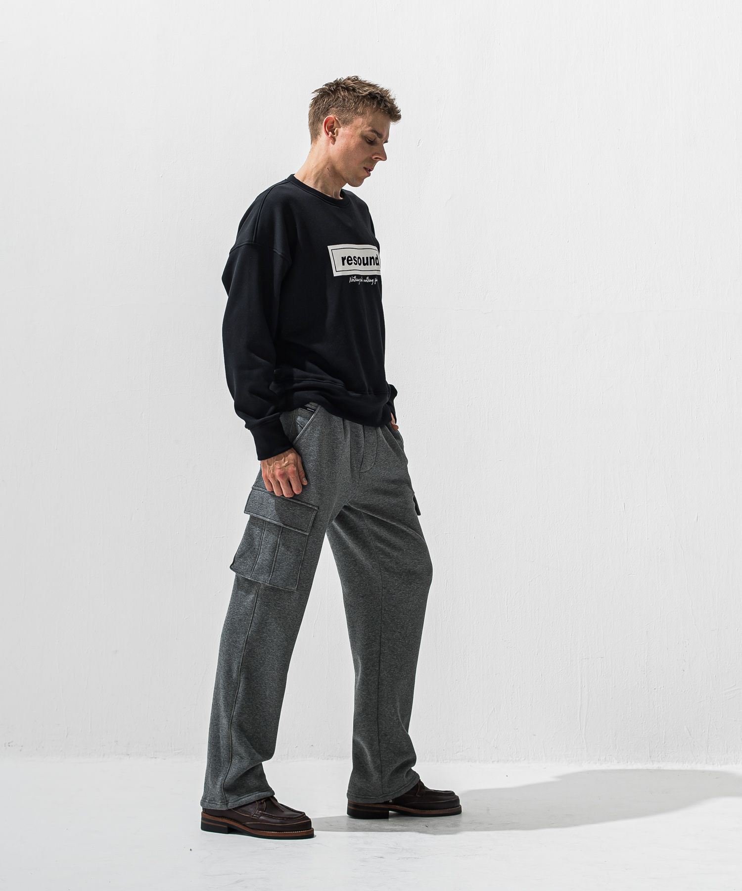 VELOURS FLEECE WIDE HEAD CARGO / 裏起毛 ベロアフリース ワンタックカーゴパンツ (チャコール) (11月中旬入荷予定) ※オーダー締切:9月7日(月)17時