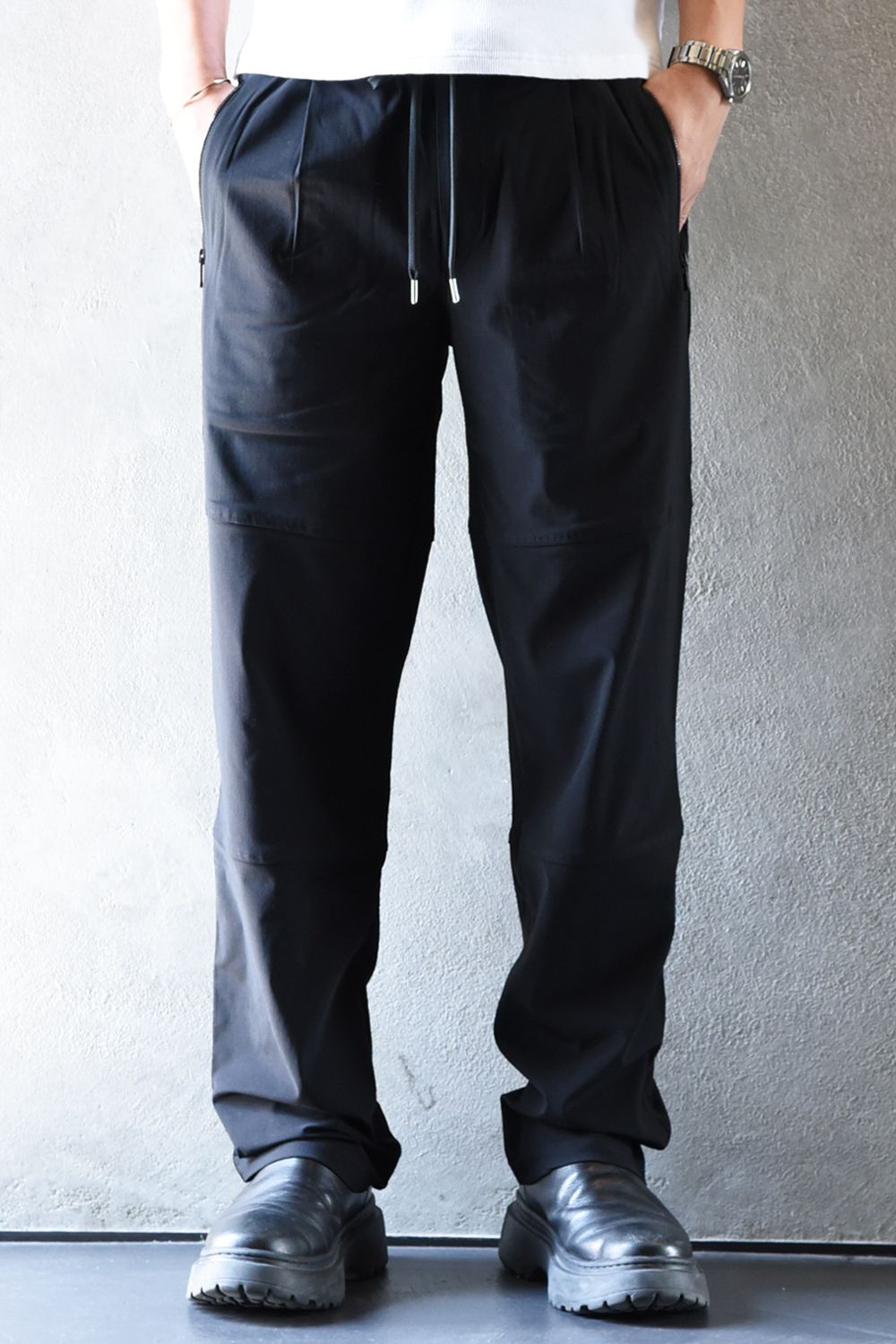 Johnson LINE WIDE PT / 360°ストレッチ ワイドシルエット ジョンソンラインパンツ (ブラック/ブラック)