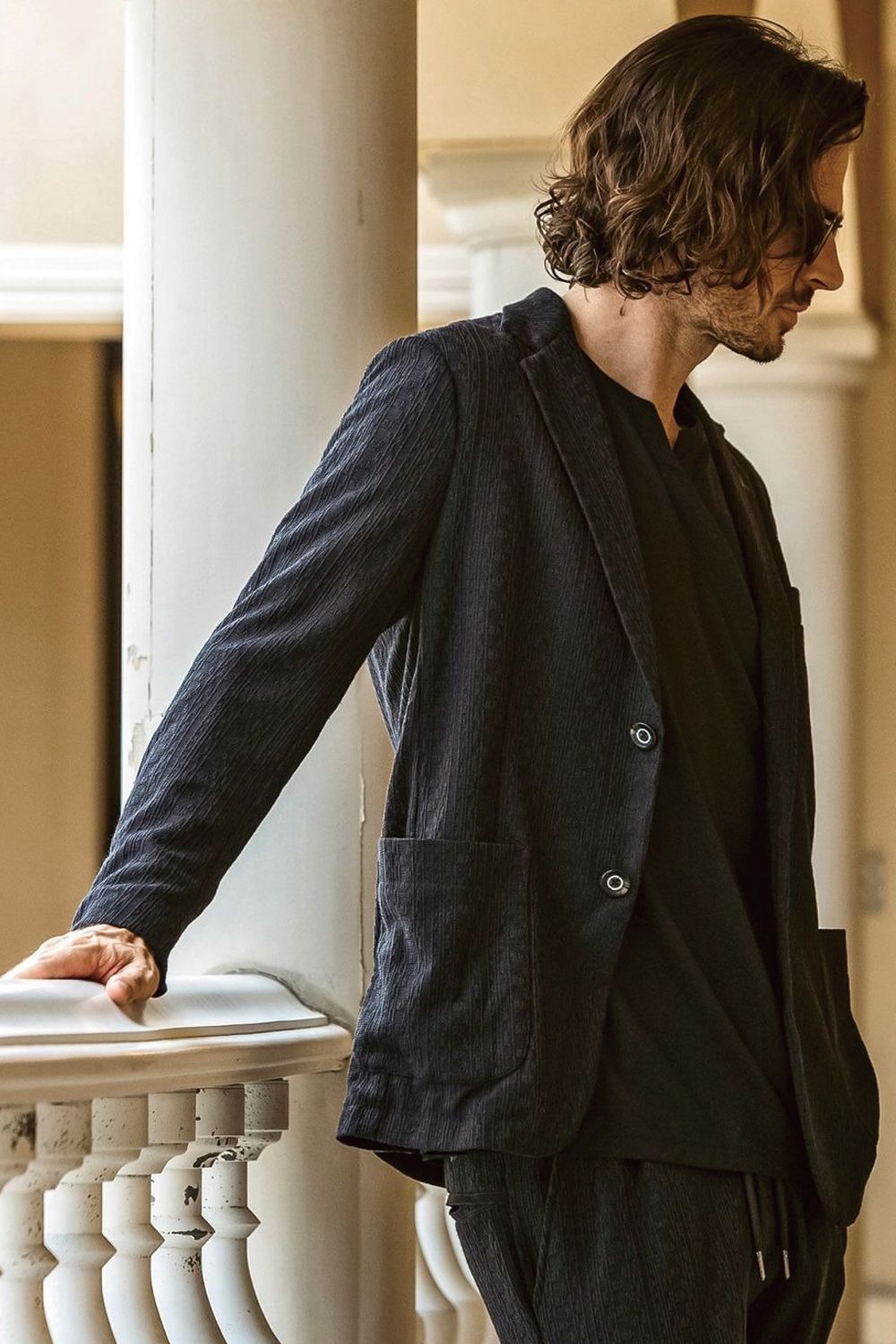 【26SS】【セットアップ】 LINEN TOUCH JACQUARD JACKET & SLACKS / リネンタッチ テーラードシングルジャケット&イージースラックス (ブラック)