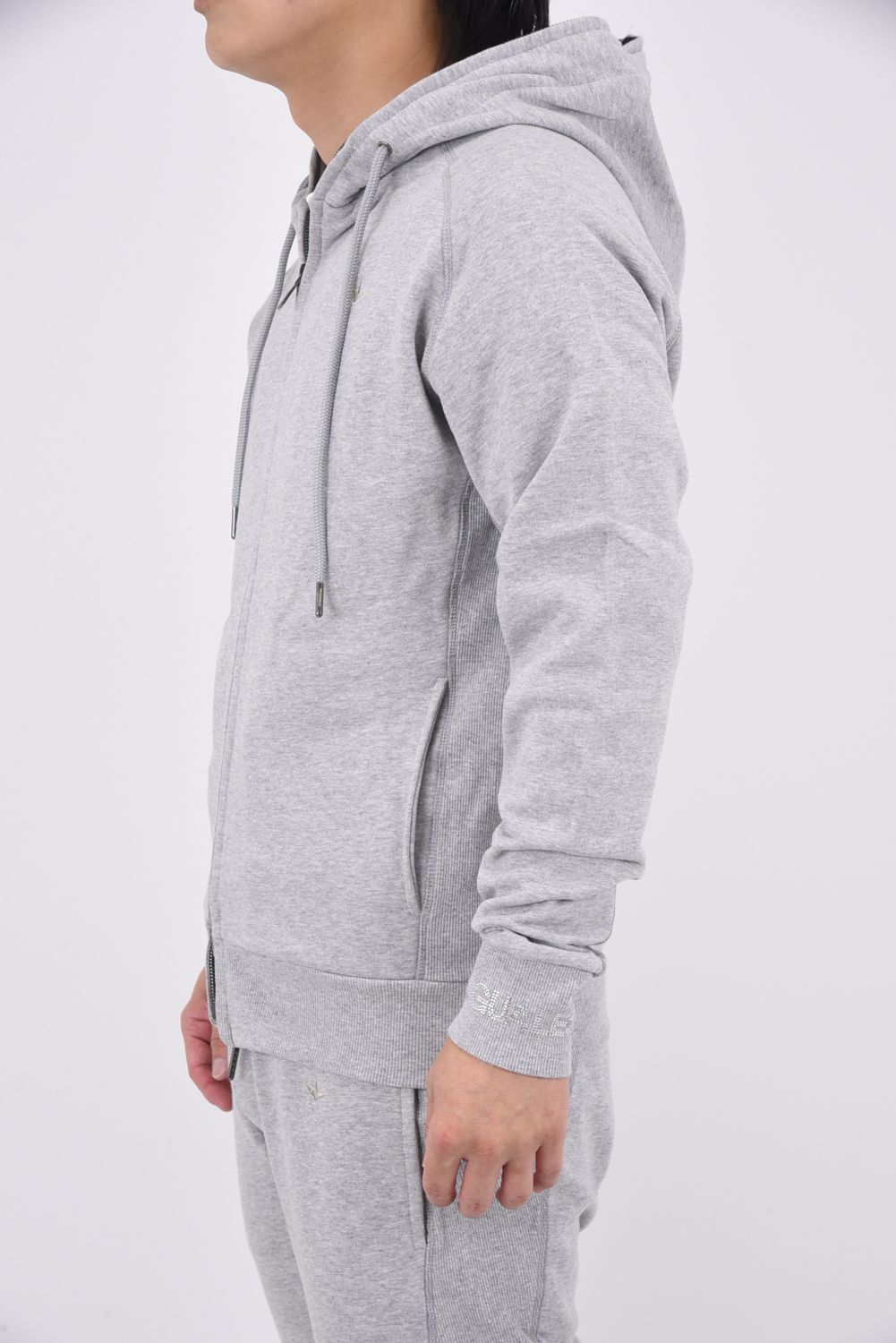 HOODIE WITH RHINESTONE CUFFS / ラインストーンカフスウェットジップパーカー (グレー)