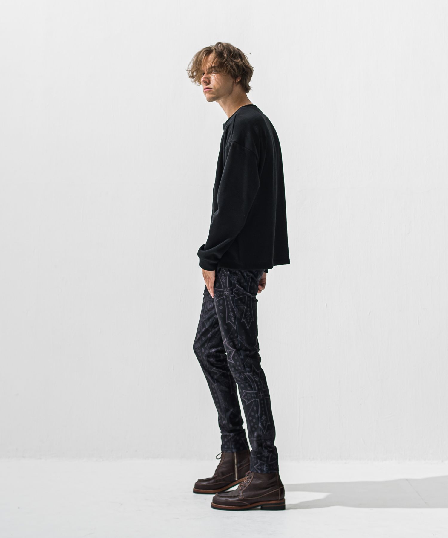 OVER HENRY VELOURS FLEECE THERMAL / 裏起毛 オーバーサイズ サーマル生地 ロングスリーブ ヘンリーネック (ブラック) (10月下旬入荷予定) ※オーダー締切:9月7日(月)17時