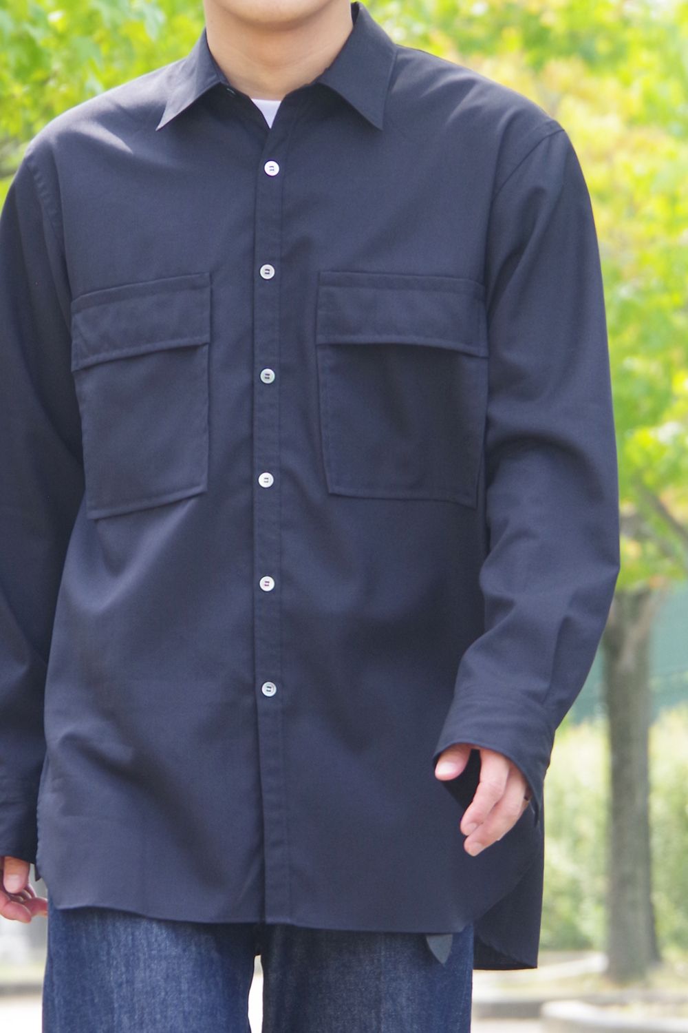 W POCKET SHIRT WOOL TROPICAL / ウォッシャブルウール ダブルポケットシャツ ネイビー
