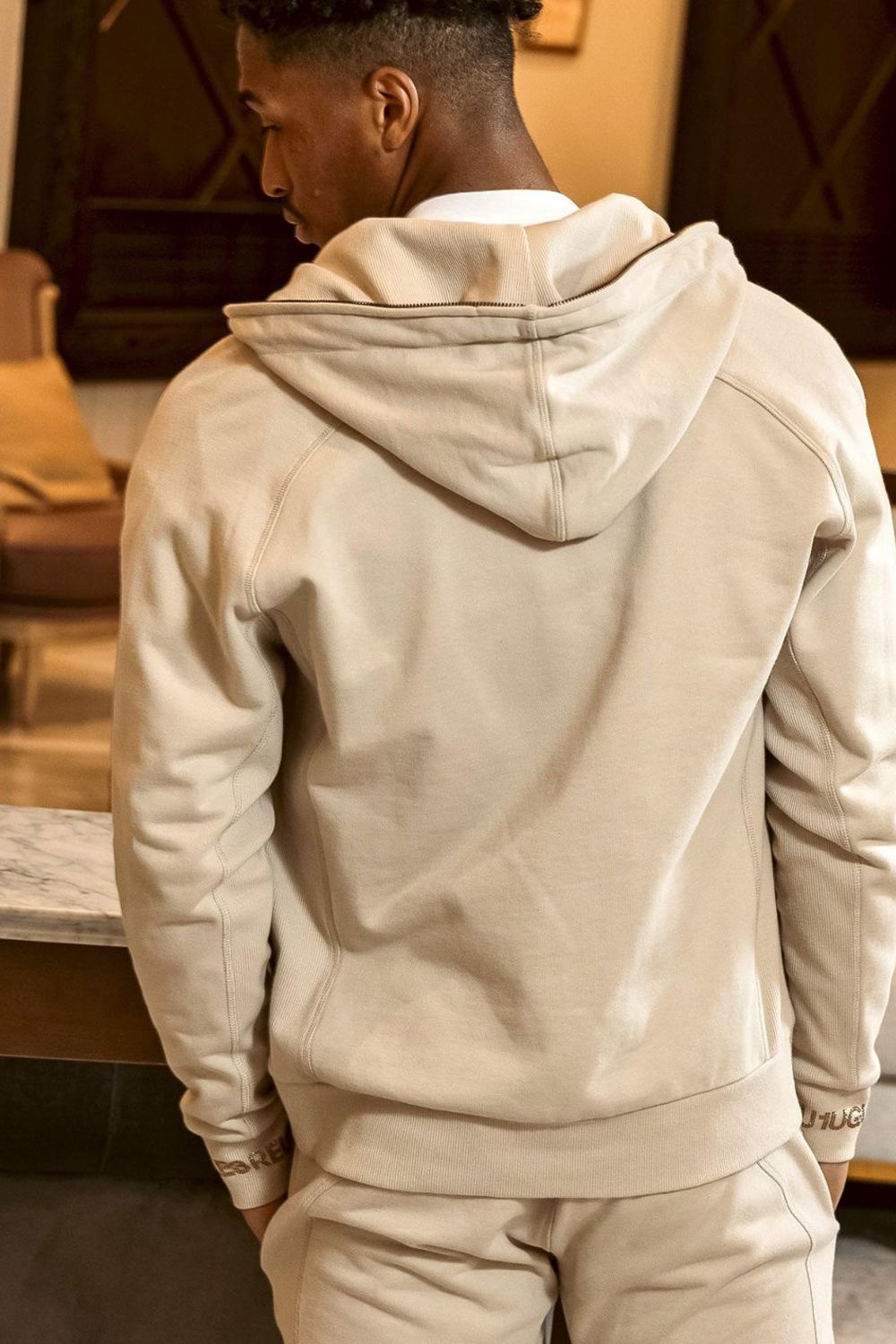 HOODIE WITH RHINESTONE CUFFS / ラインストーンカフスウェットジップパーカー (ベージュ) (9月中旬入荷予定)