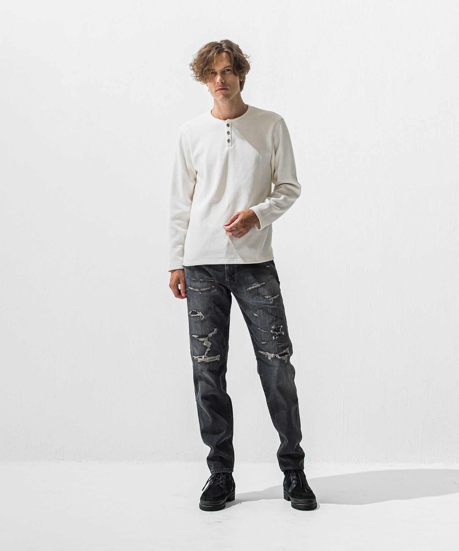 VELOURS FLEECE THERMAL HENRY / 裏起毛 サーマル生地 ロングスリーブ ヘンリーネック (ホワイト) (10月下旬入荷予定) ※オーダー締切:9月7日(月)17時