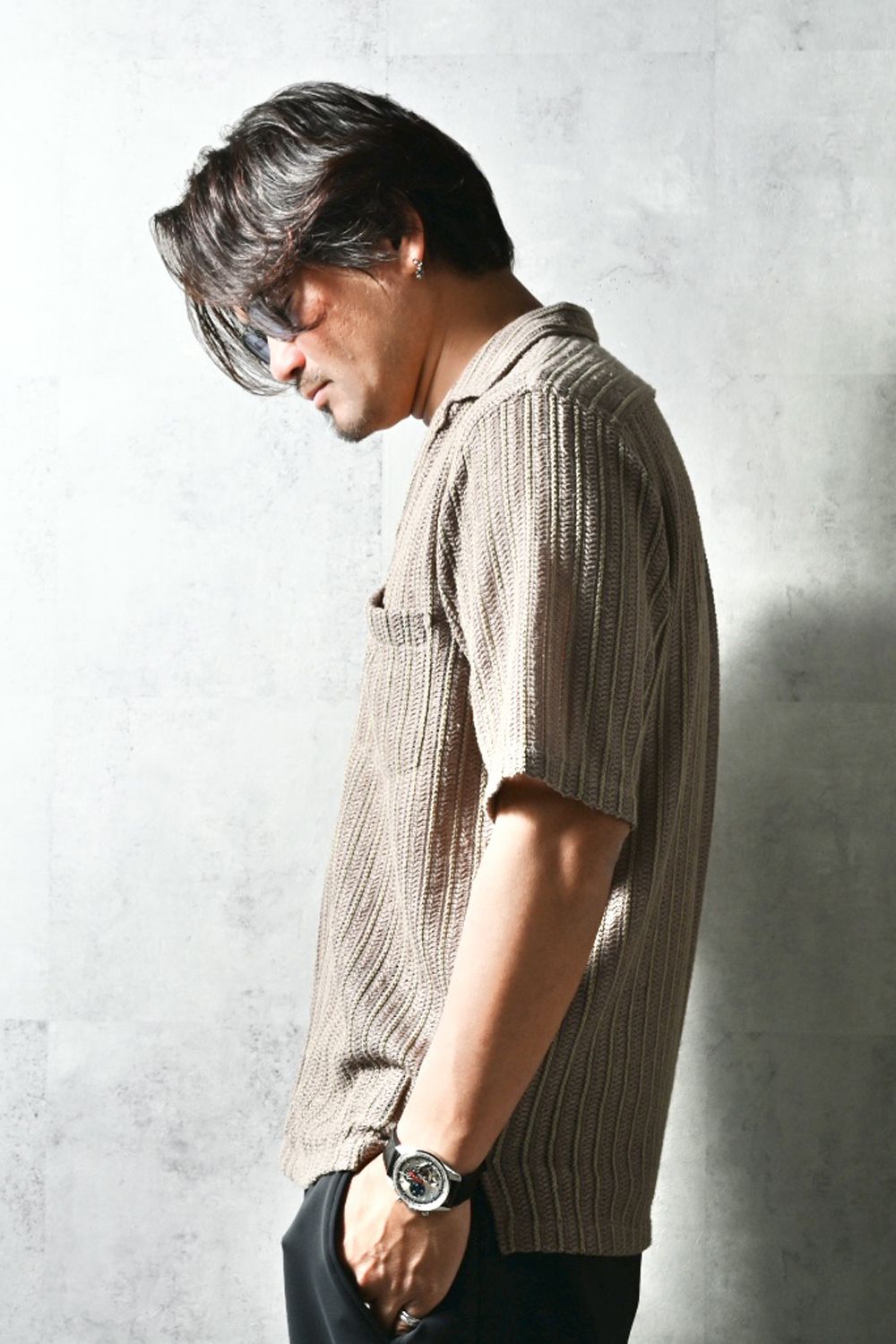 RUSSEL SHIRTS / リラックスシルエット ラッセル織り オープンカラーシャツ (ブラウン) (3月中旬入荷予定) ※オーダー締切12/13(土)17:00