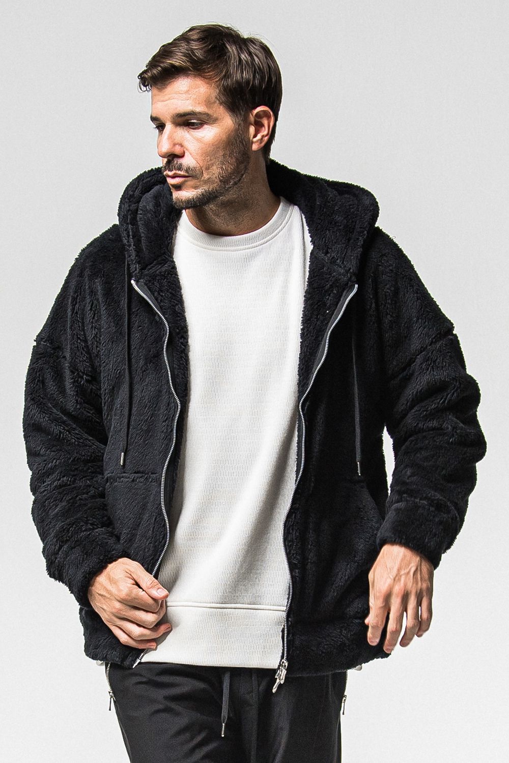 BOA ZIP LOOSE HOODIE / シルキーボア ジップアップ パーカー (ブラック) （11月中旬入荷予定) ※オーダー締切：9月1日(月)18:00