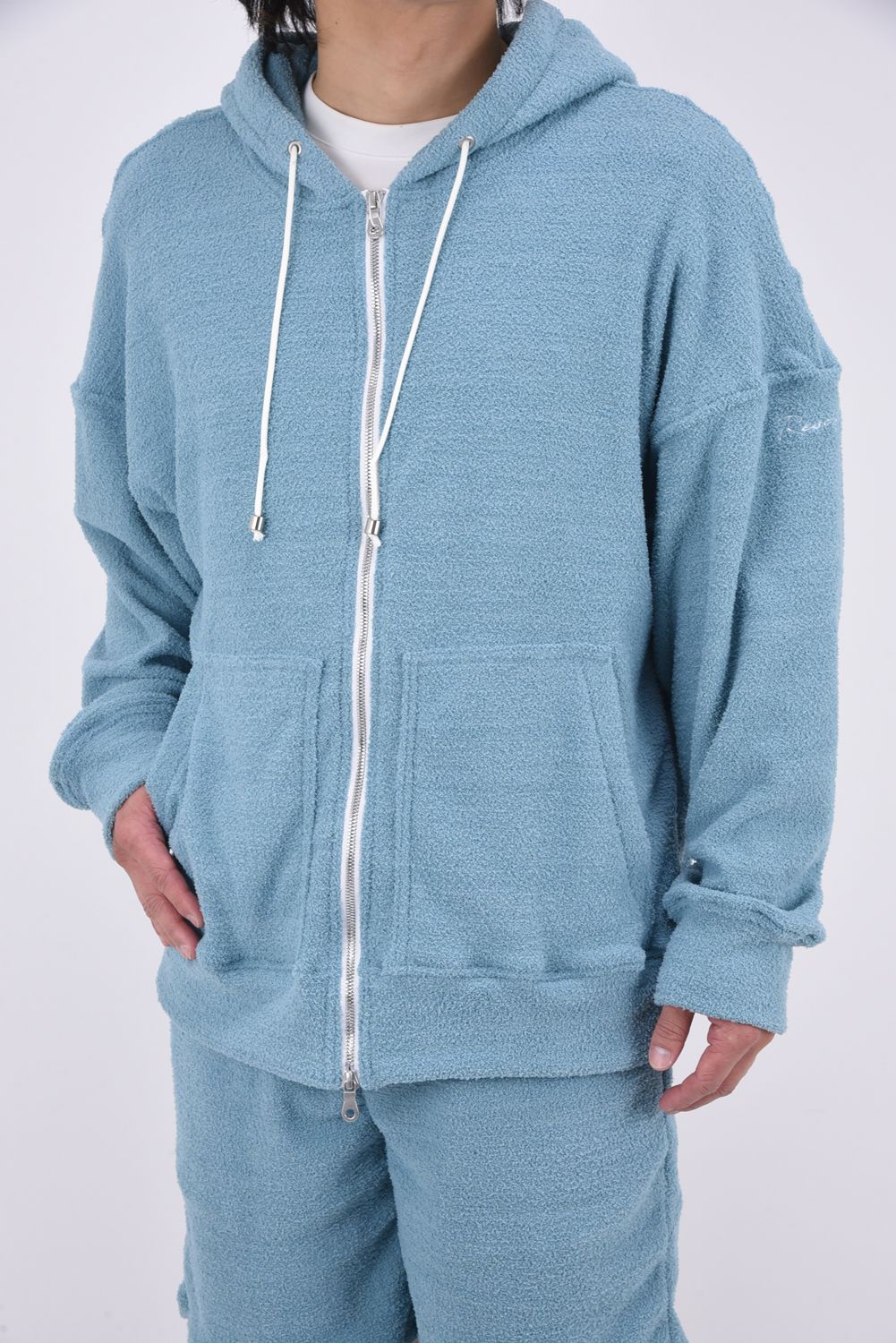 MOLE YARN PILE ZIP LOOSE HOODIE / モールパイル オーバーサイズ ジップアップパーカー ブルーグリーン
