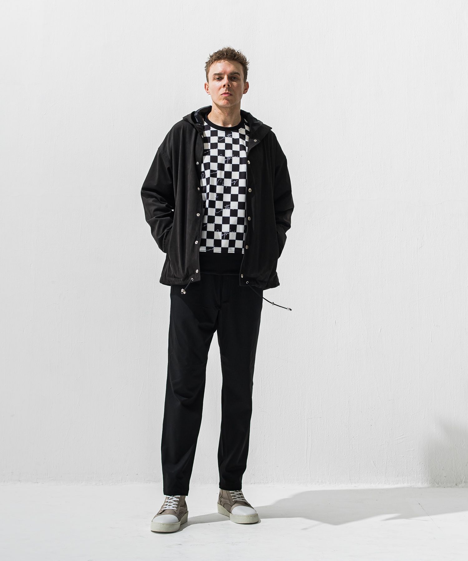 CHECKER BACK FLEECE TRAINER / チェッカーフラッグ 裏起毛トレーナー (ホワイト/ブラック) (11月上旬入荷予定) ※オーダー締切:9月7日(月)17時