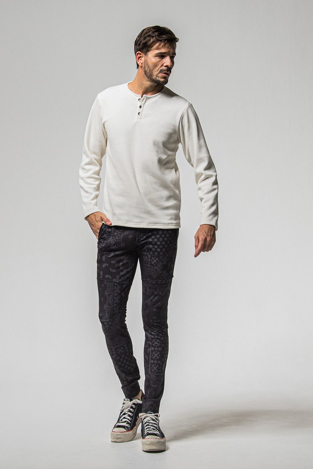 VELOURS FLEECE THERMAL HENRY / 裏起毛 サーマル生地 ロングスリーブ ヘンリーネック (ホワイト) (10月中旬入荷予定) ※オーダー締切：9月1日(月)18:00