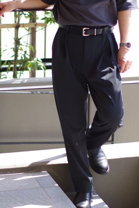 1OUT-PLEATS PANTS - STRETCH JERSEY / ポリエステルジャージー 1アウトプリーツ スラックス ブラック