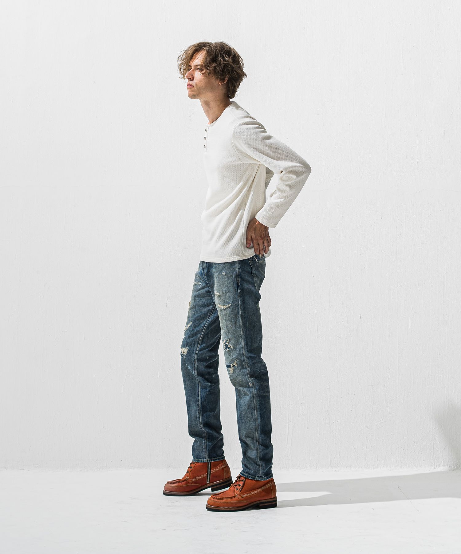 VELOURS FLEECE THERMAL HENRY / 裏起毛 サーマル生地 ロングスリーブ ヘンリーネック (ホワイト) (10月下旬入荷予定) ※オーダー締切:9月7日(月)17時