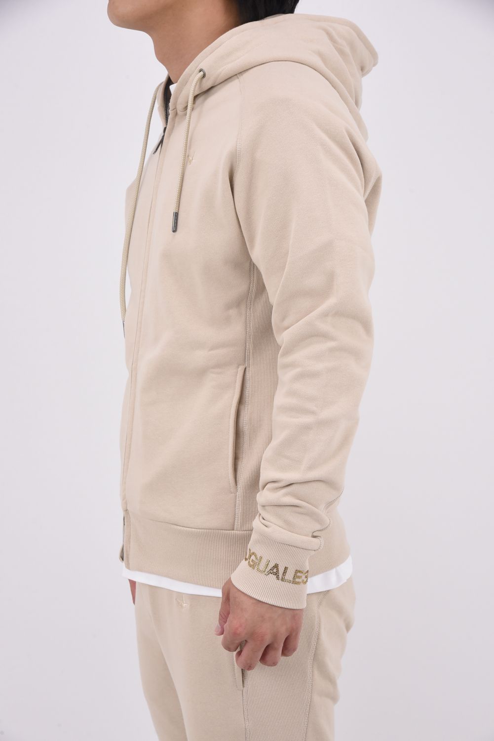 HOODIE WITH RHINESTONE CUFFS / ラインストーンカフスウェットジップパーカー (ベージュ)