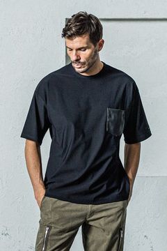 LEATHER POCKET OVER NYLON TEE / エコレザーポケット ルーズTシャツ ブラック