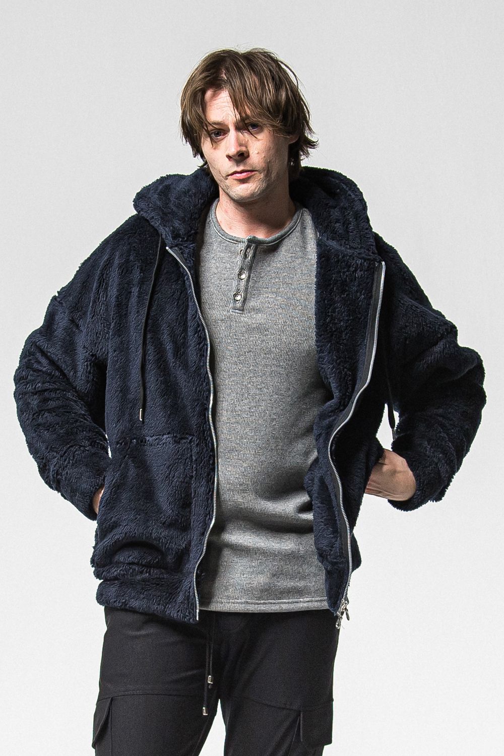 BOA ZIP LOOSE HOODIE / シルキーボア ジップアップ パーカー (ネイビー) （11月中旬入荷予定) ※オーダー締切：9月1日(月)18:00