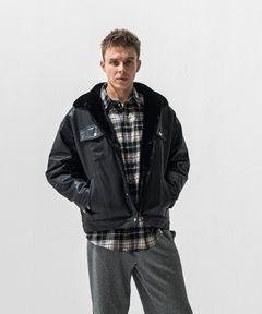 LEATHER FUR OVER G / エコレザー オーバーサイズ ムートンブルゾン風ジャケット (ブラック) (11月中旬入荷予定) ※オーダー締切:9月7日(月)1時