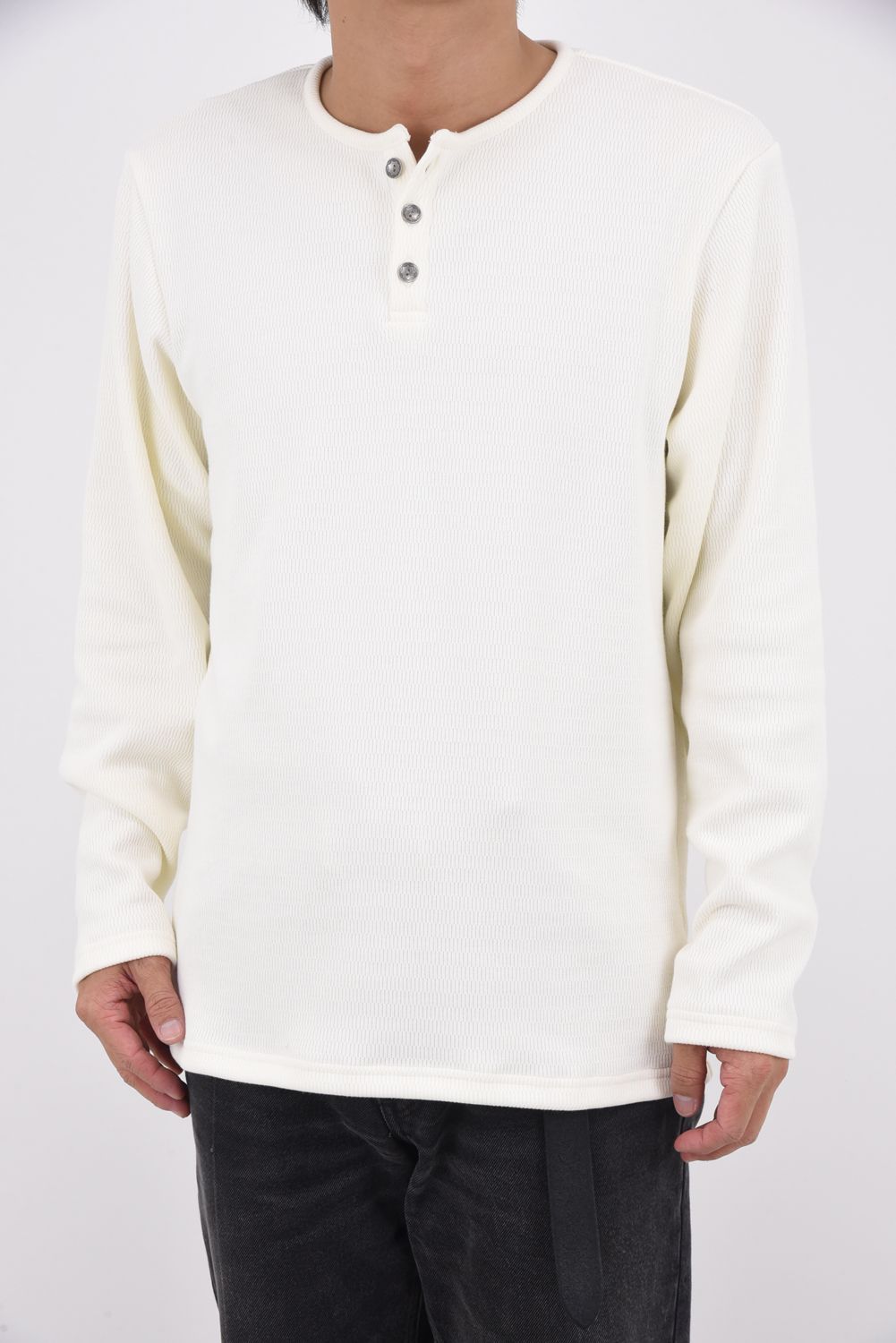 VELOURS FLEECE THERMAL HENRY / 裏起毛 サーマル生地 ロングスリーブ ヘンリーネック (ホワイト)