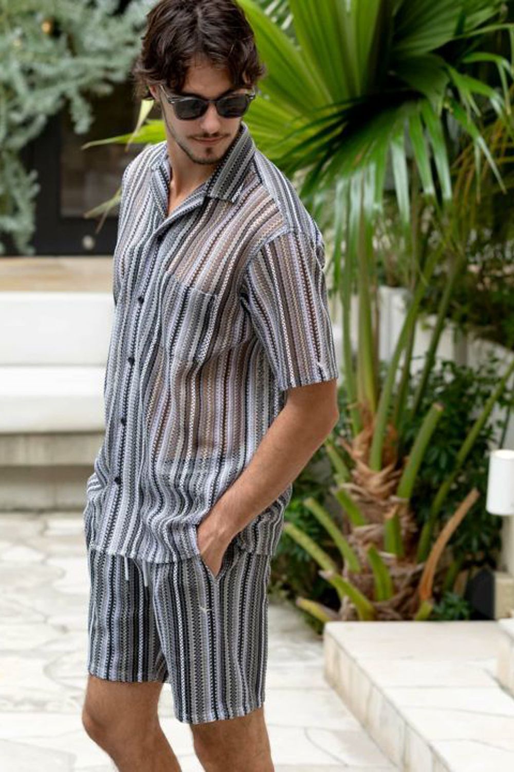 1PIU1UGUALE3 RELAX - GAP KNIT STRIPED SHIRT / 透かし編み