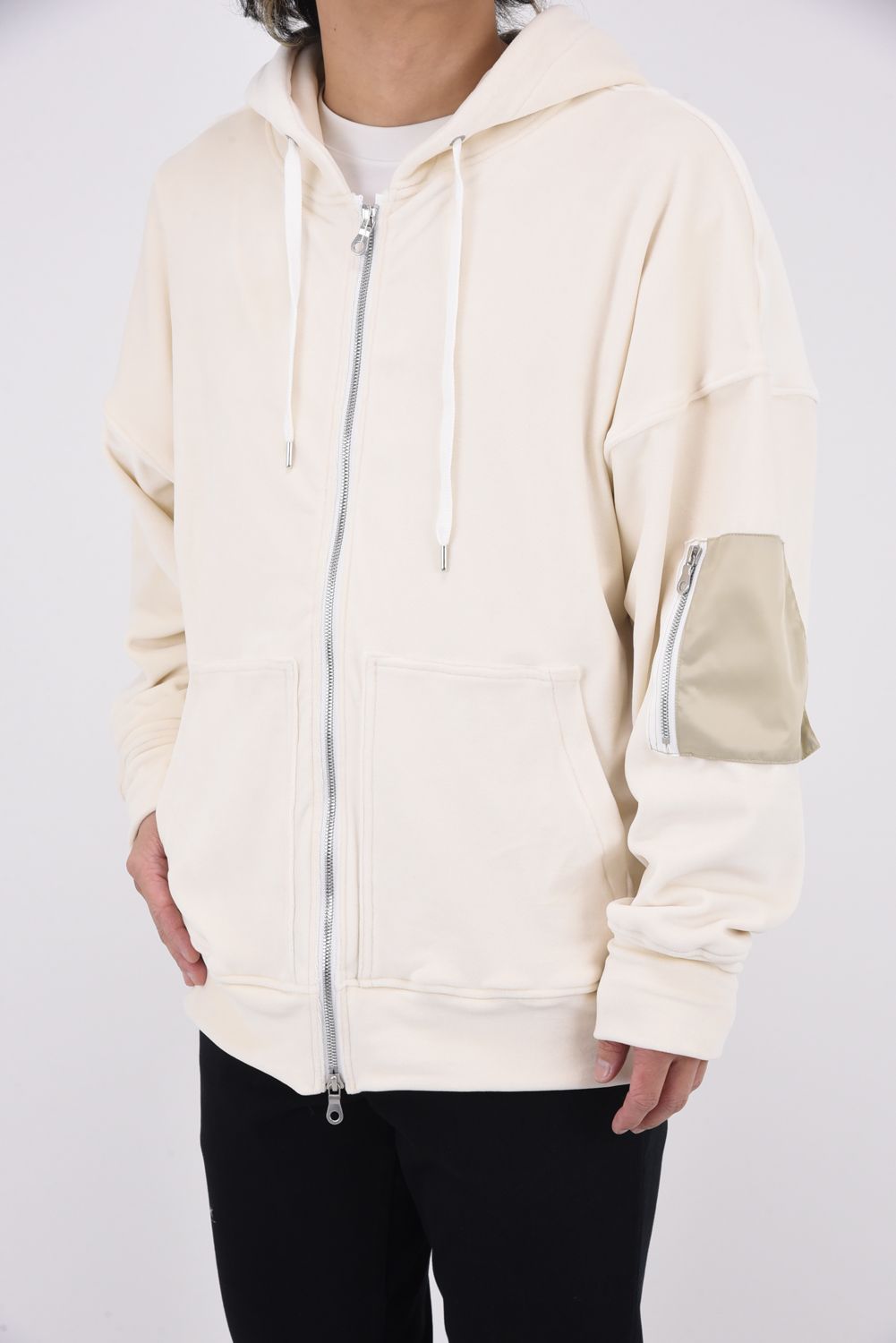 VELOURSFLEECE ZIP LOOSE HOODIE / ベロアフリース ジップアップパーカー （オフホワイト）