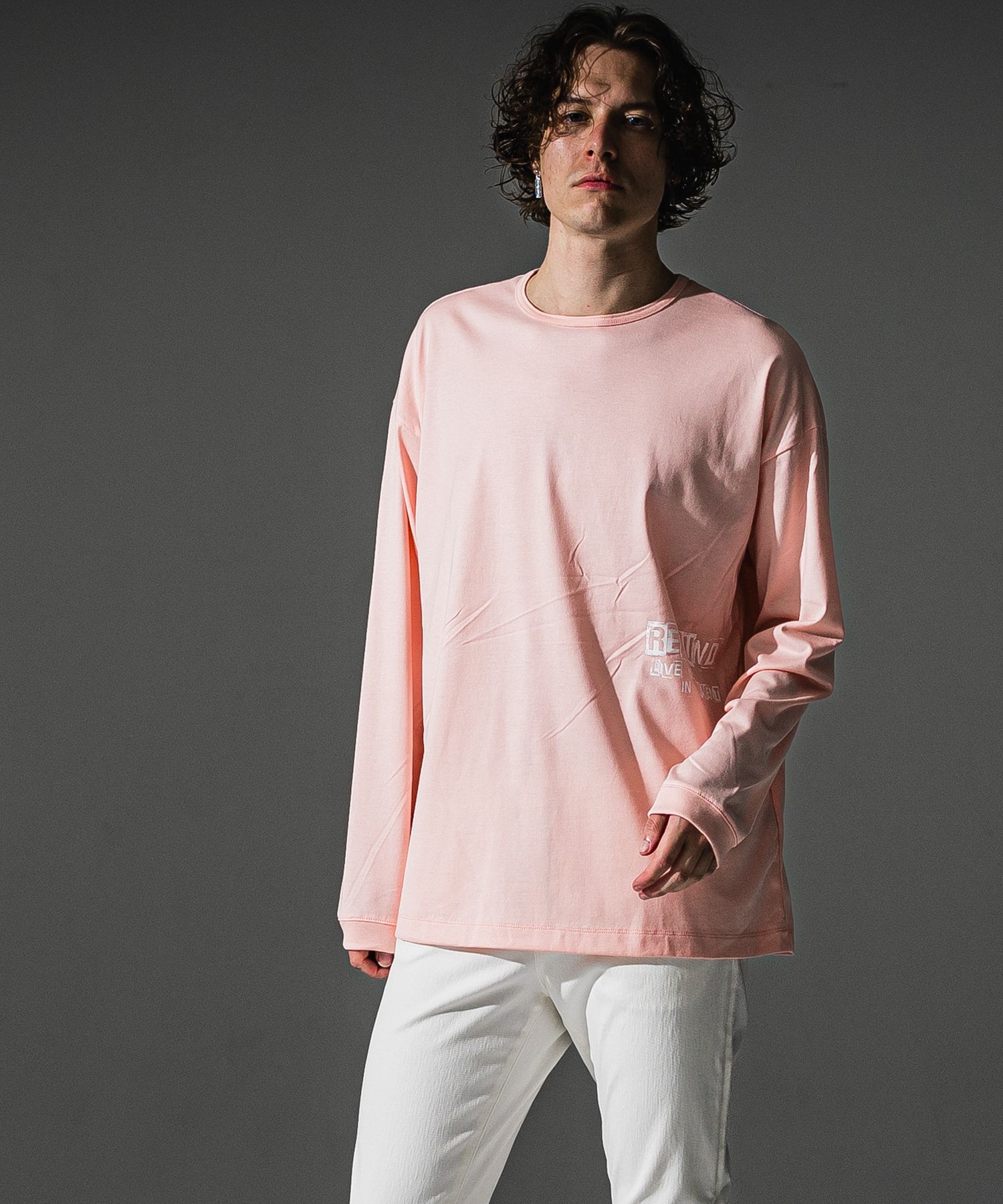 uk over longsleave Tee / パッチワークロゴプリント オーバーサイズ ロングスリーブTシャツ (ピンク) (7月中旬入荷予定) ※オーダー締切:5月23日(土)17時