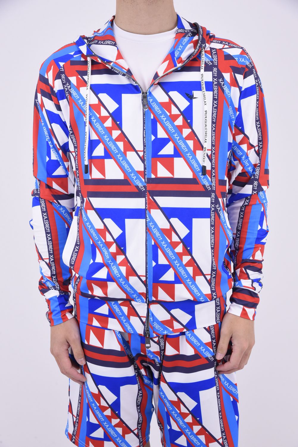 GEOMETRIC HOODIE / ジオメトリック柄 ラッシュガードパーカー レッド×ホワイト