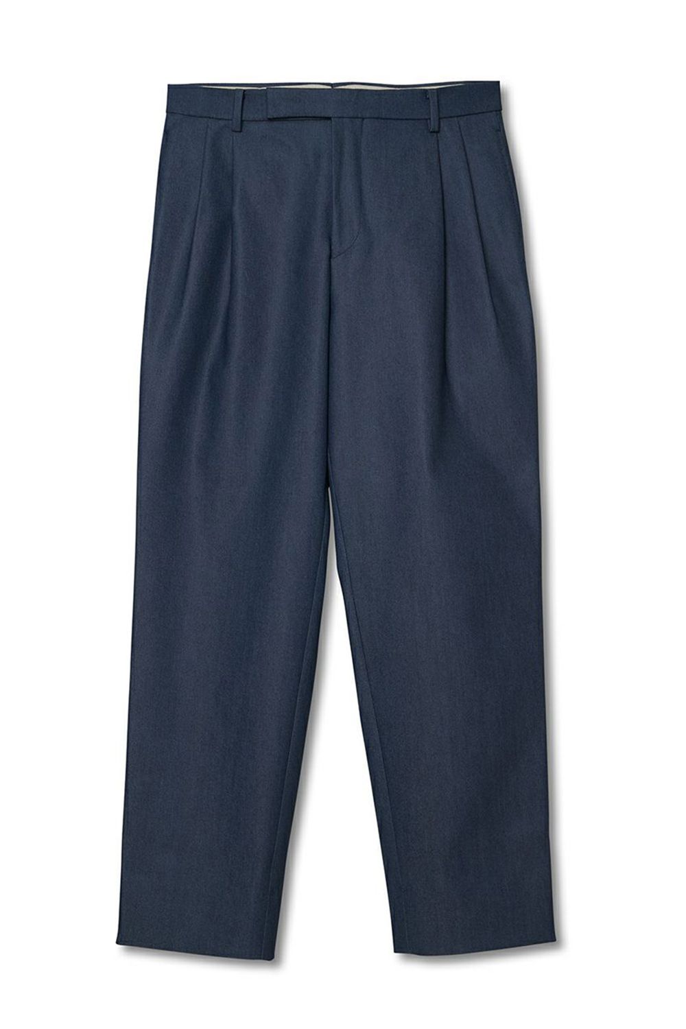 2OUT-PLEATS PANTS POLYESTER DENIM / ポリエステルデニム ワイドセミテーパードパンツ ブルーデニム