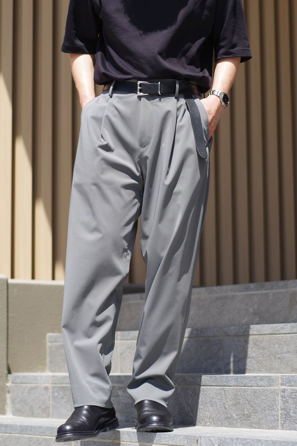 1OUT-PLEATS PANTS - STRETCH JERSEY / ポリエステルジャージー 1アウトプリーツ スラックス グレー