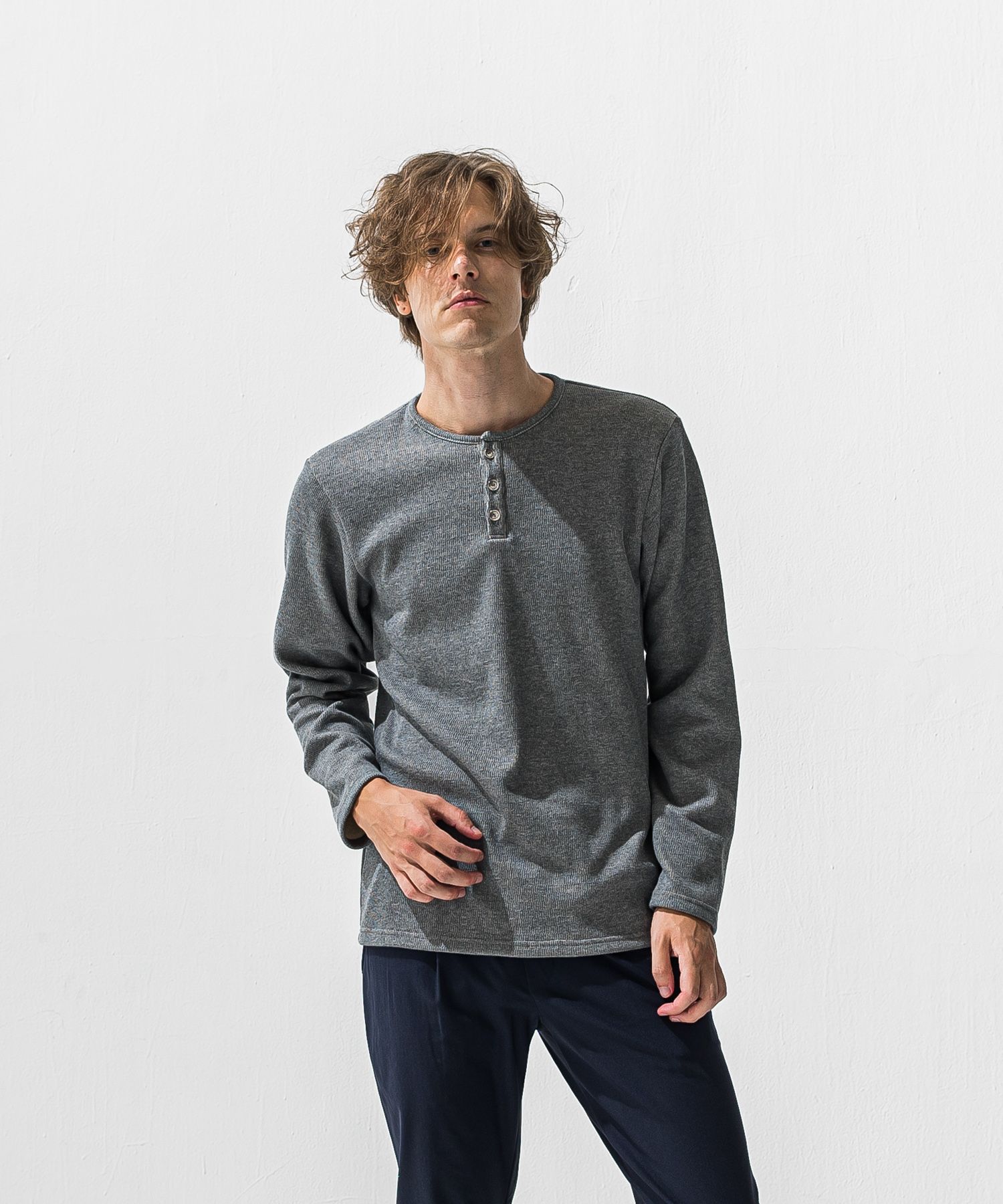 VELOURS FLEECE THERMAL HENRY / 裏起毛 サーマル生地 ロングスリーブ ヘンリーネック (グレー) (10月下旬入荷予定) ※オーダー締切:9月7日(月)17時