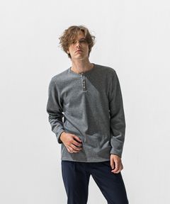 VELOURS FLEECE THERMAL HENRY / 裏起毛 サーマル生地 ロングスリーブ ヘンリーネック (グレー) (10月下旬入荷予定) ※オーダー締切:9月7日(月)17時